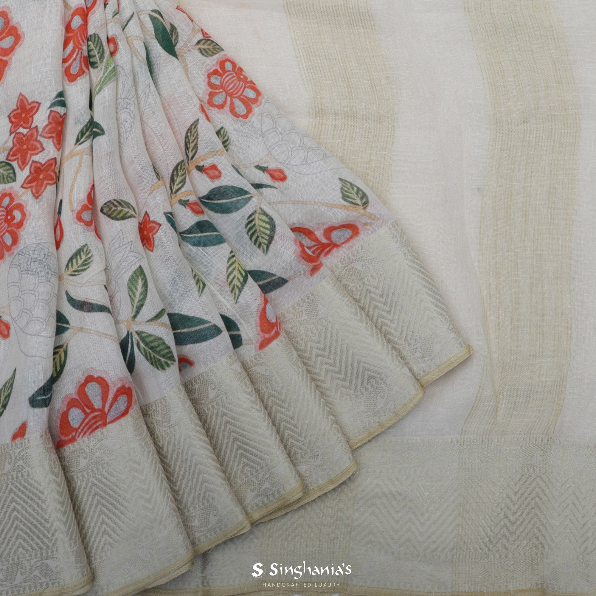 Retro White Printed Linen Saree With Floral Jaal Design