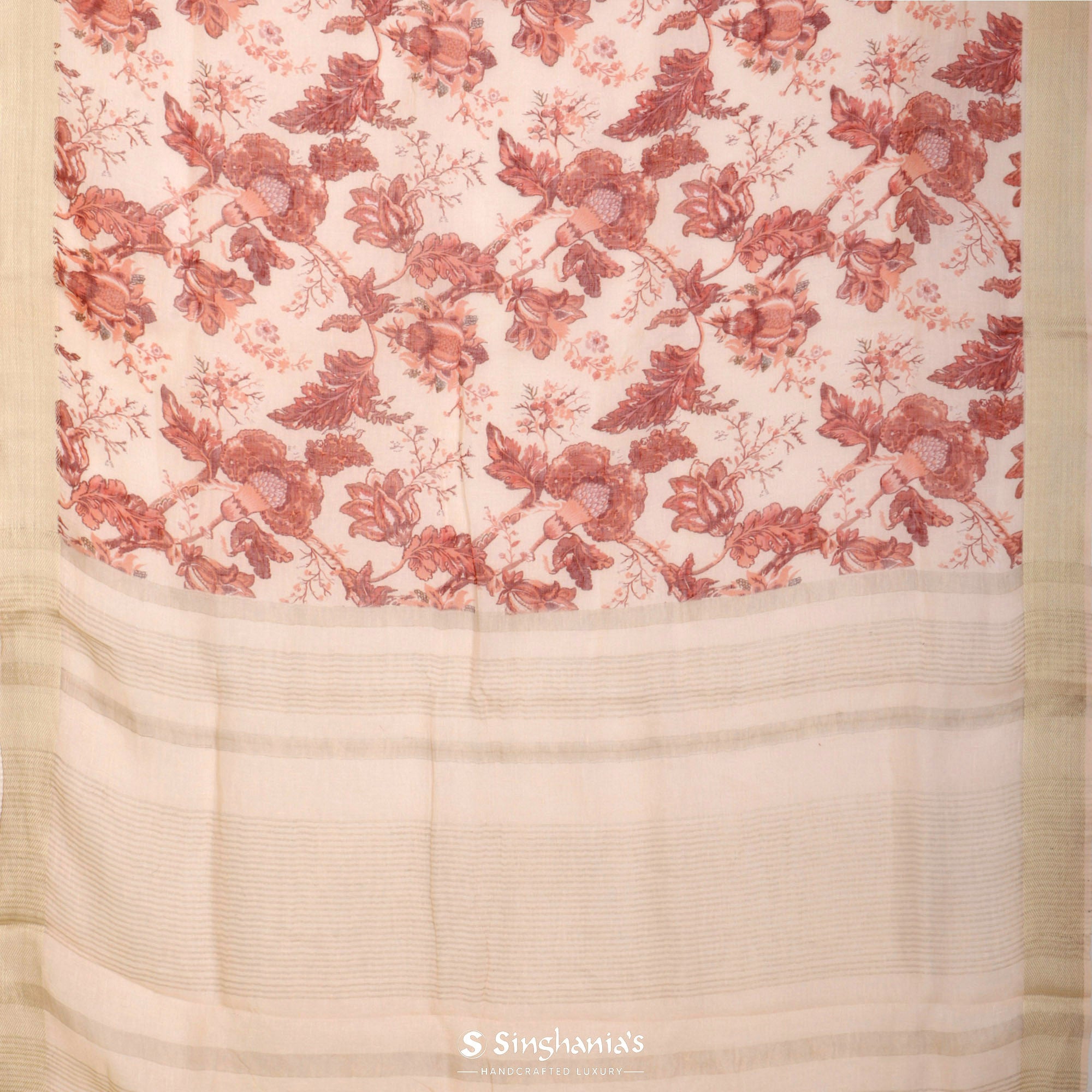 Peach Beige Printed Linen Saree With Floral Jaal Design