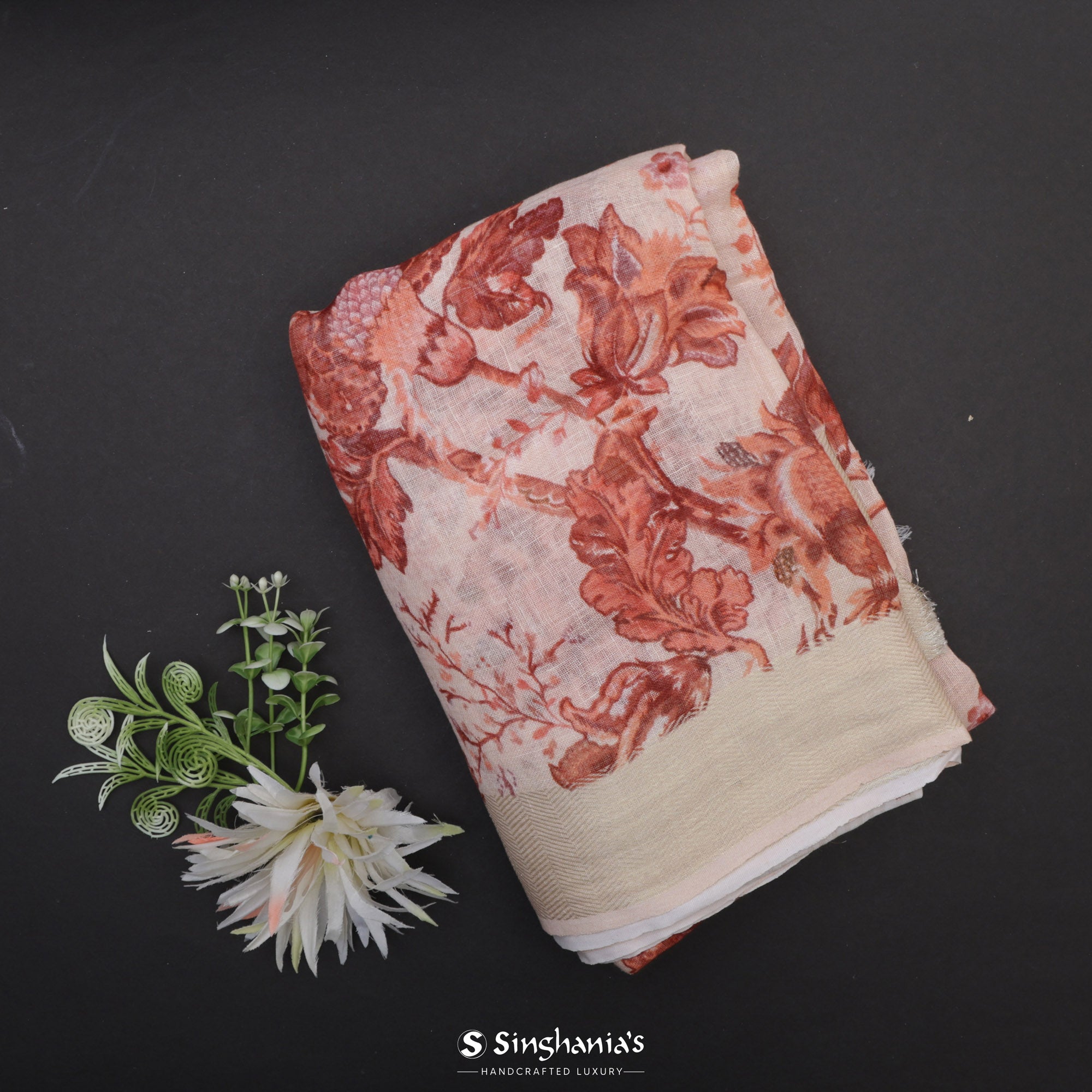 Peach Beige Printed Linen Saree With Floral Jaal Design