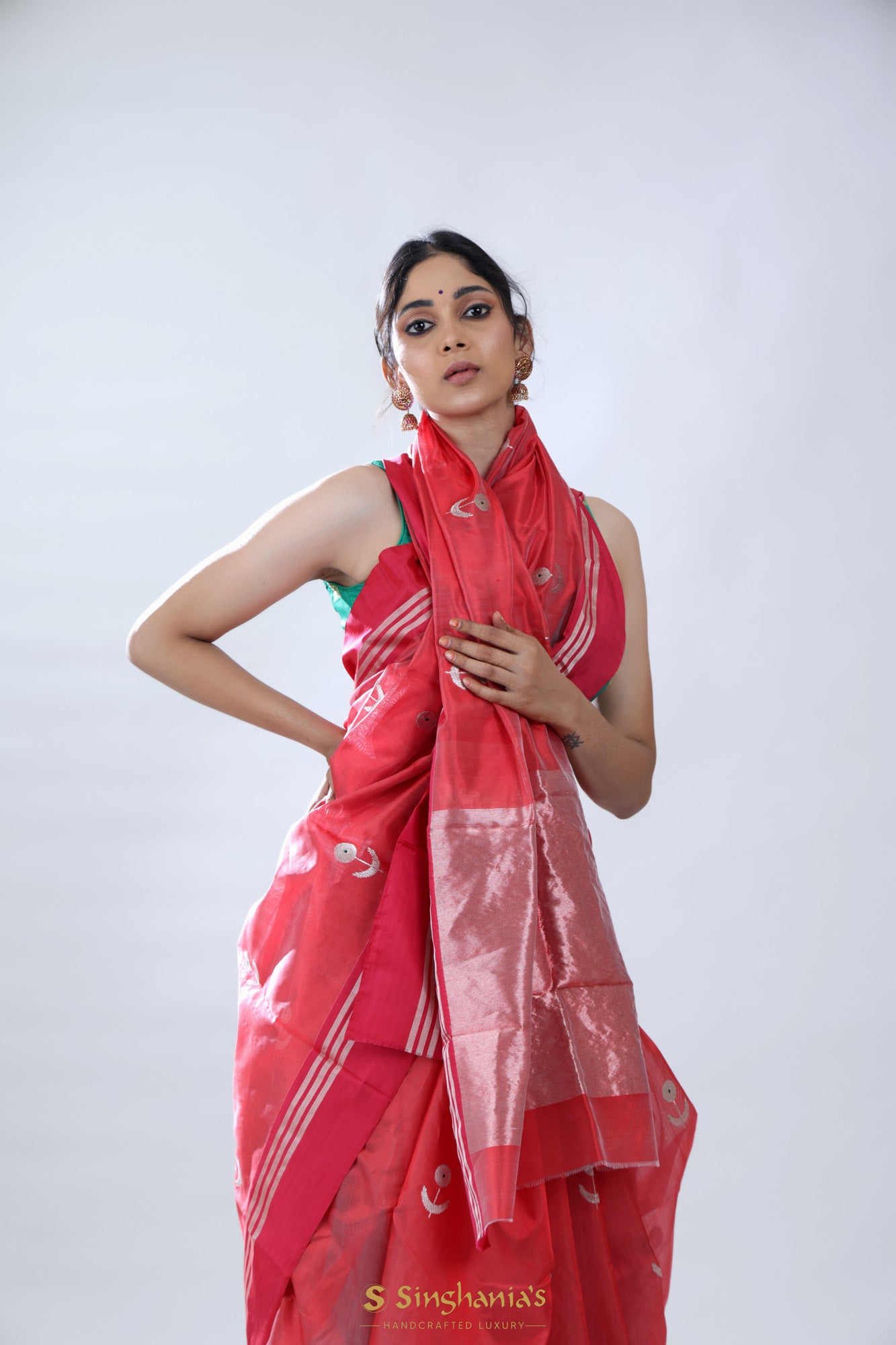 Desire Red Chanderi Saree With Floral Buttas