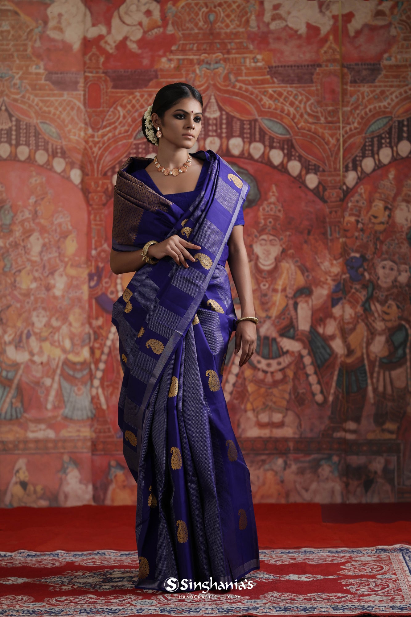 Picotee Blue Kanjivaram Silk Saree With Floral Buttas Weaving