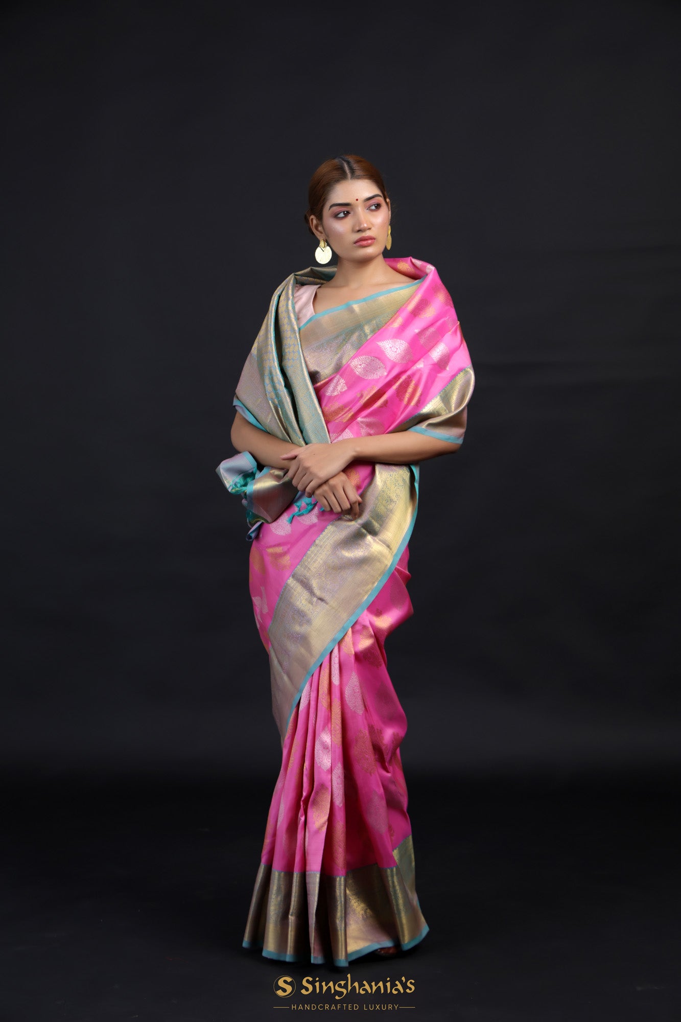 Neon Pink Kanjivaram Silk Saree With Floral Buttas Weaving