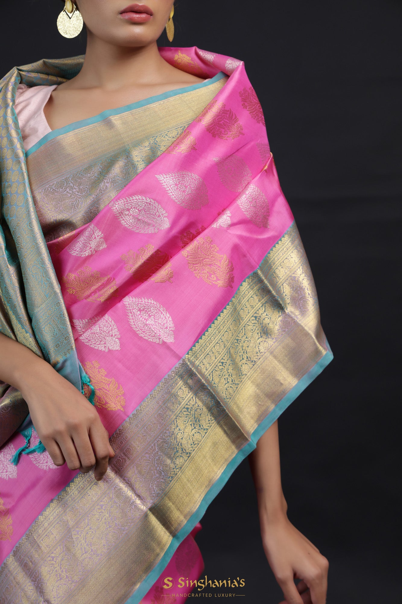 Neon Pink Kanjivaram Silk Saree With Floral Buttas Weaving