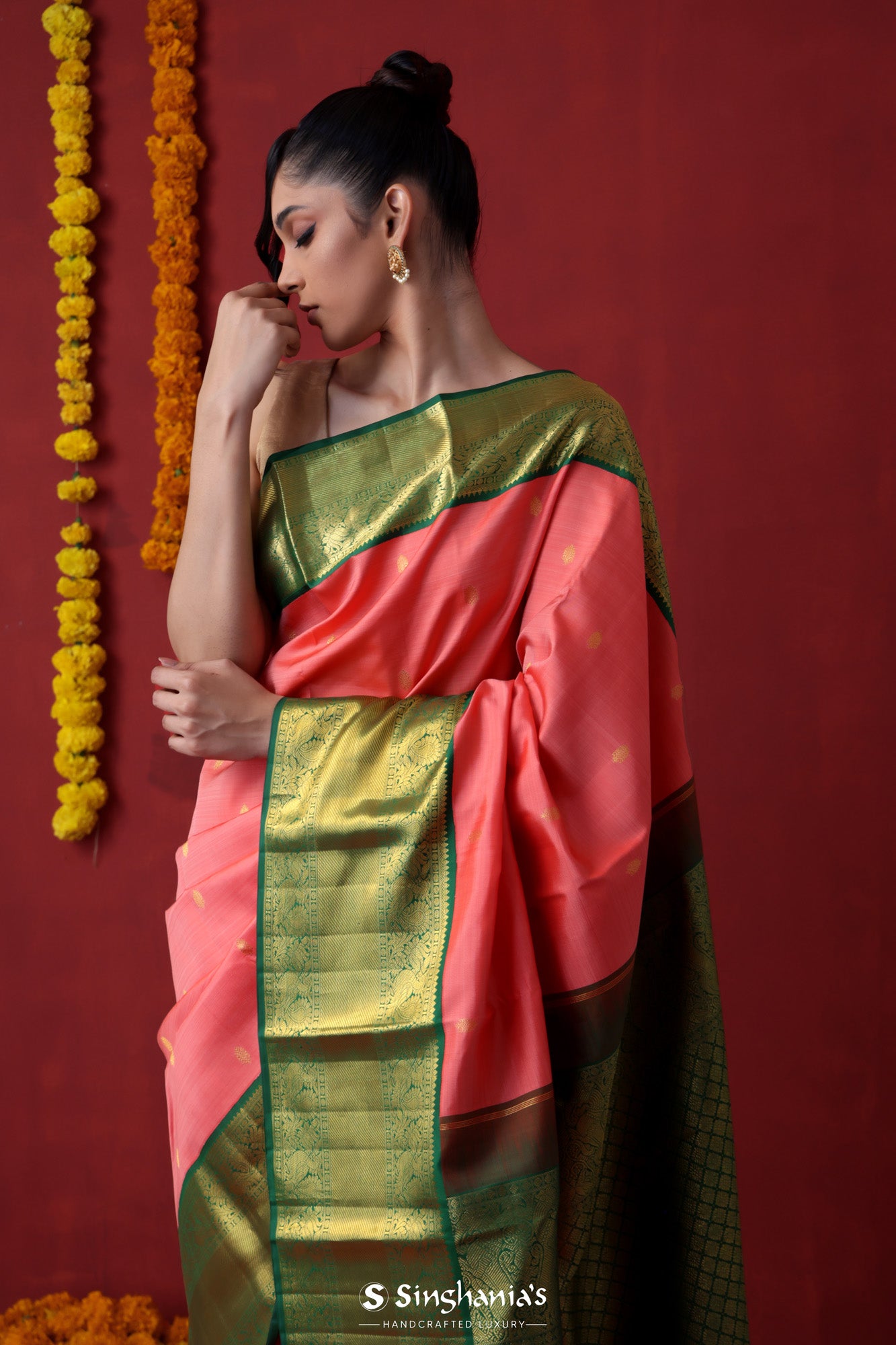 Candy Pink Kanjivaram Silk Saree With Floral Butti Design