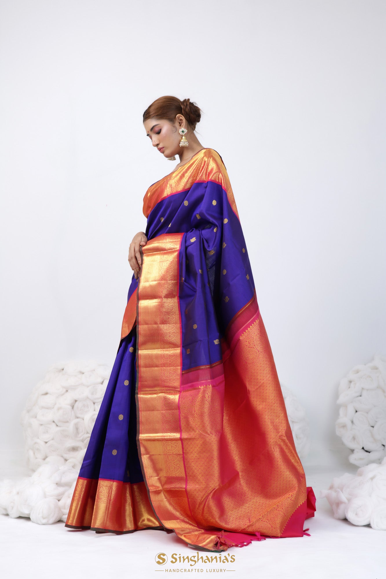 Picotee Blue Kanjivaram Silk Saree With Butti Weaving