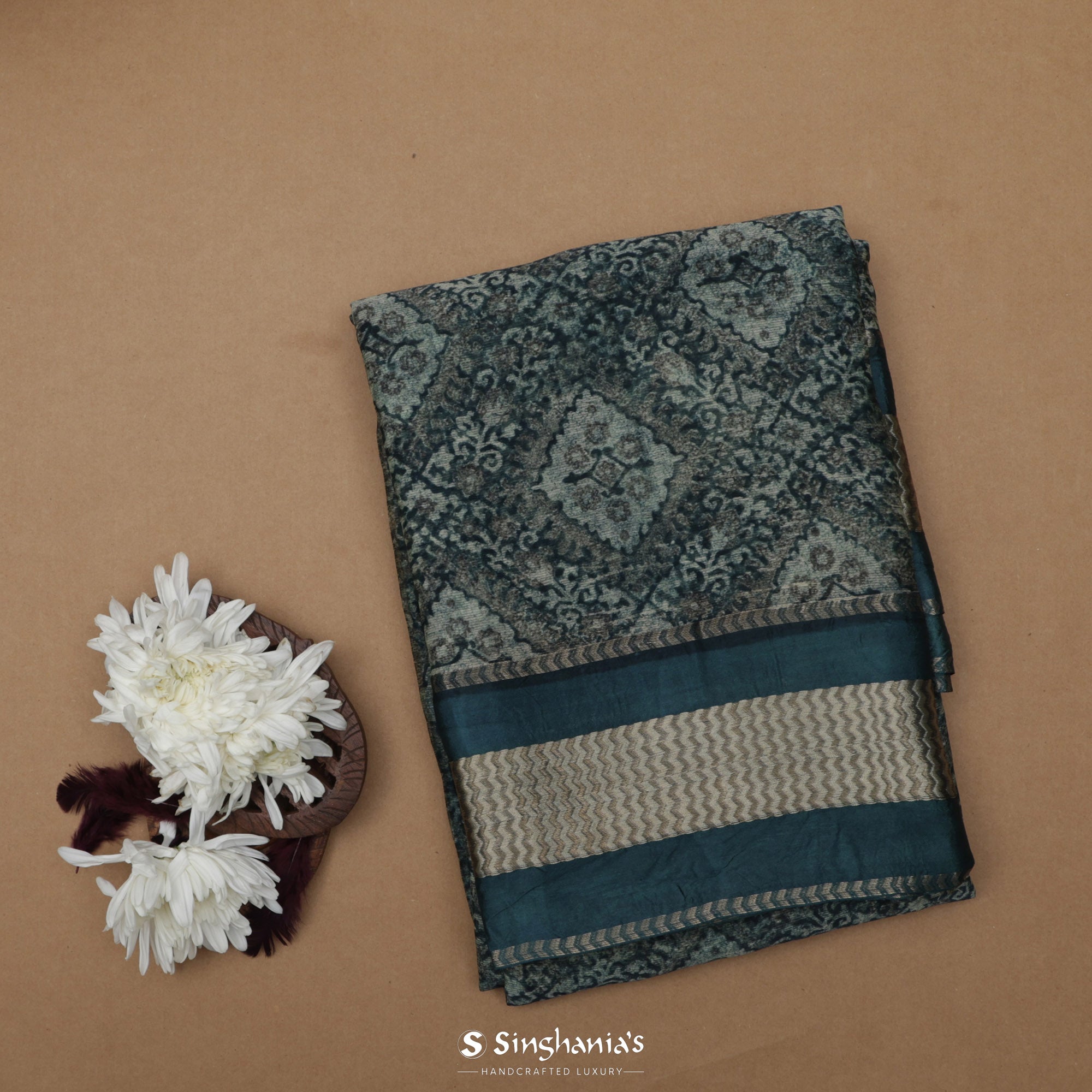 Dark Aegean Blue Printed Maheshwari Saree With Floral Jaal Design