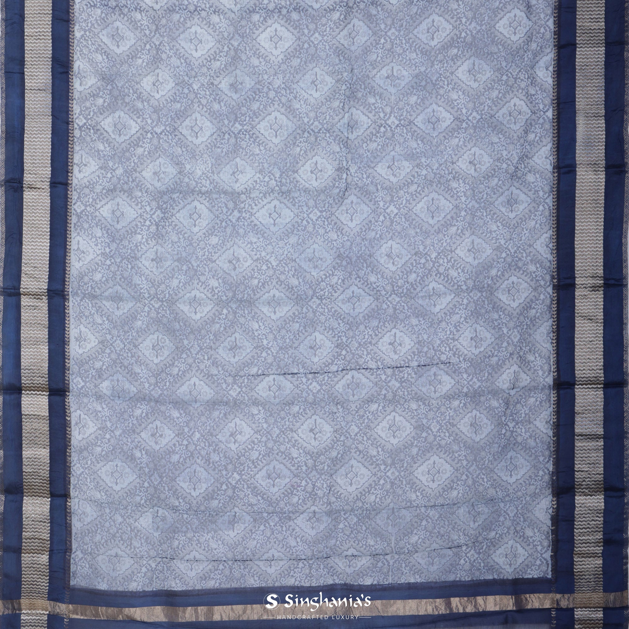 Space Blue Printed Maheshwari Saree With Floral Jaal Design