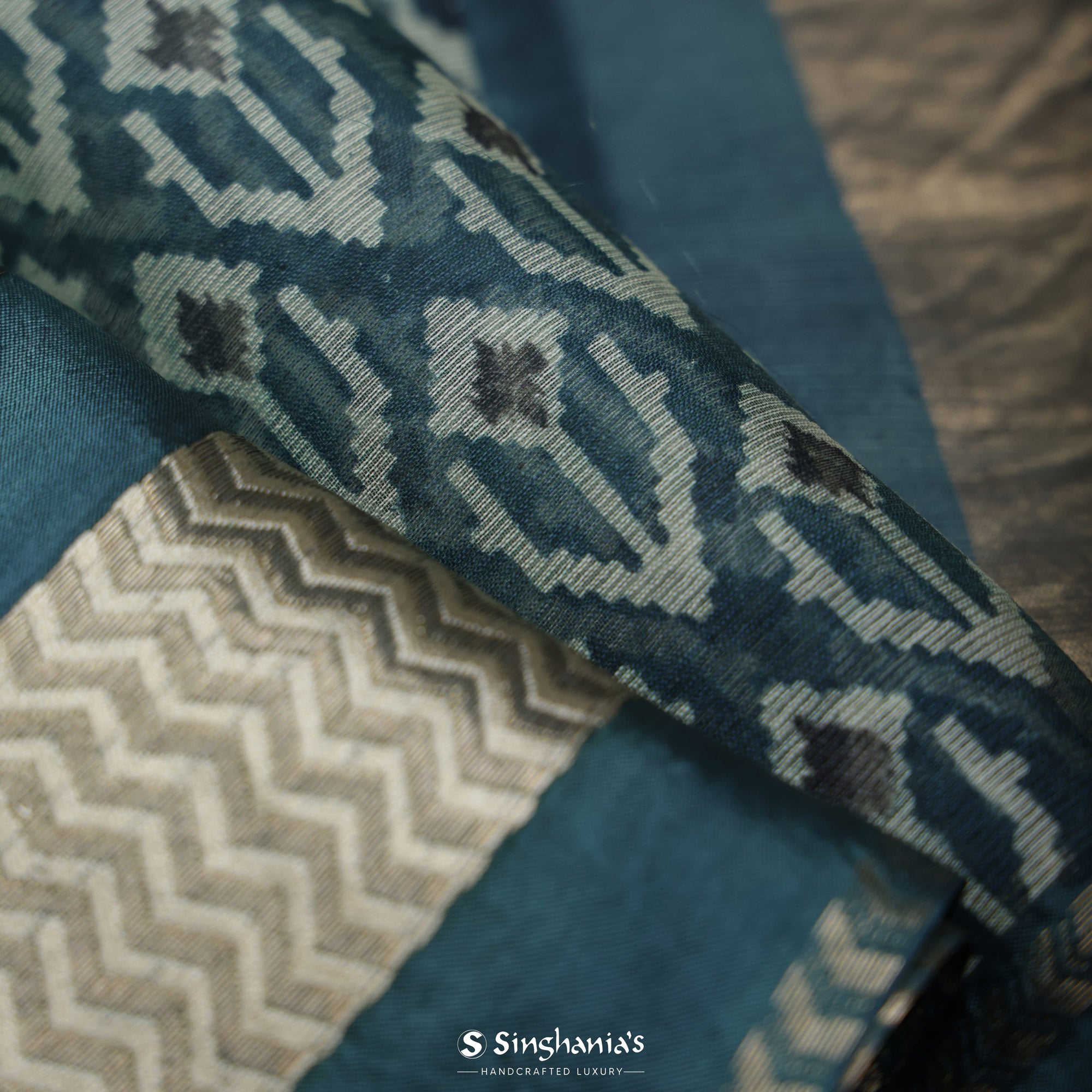 Teal Blue Printed Maheshwari Saree With Floral Motif Design