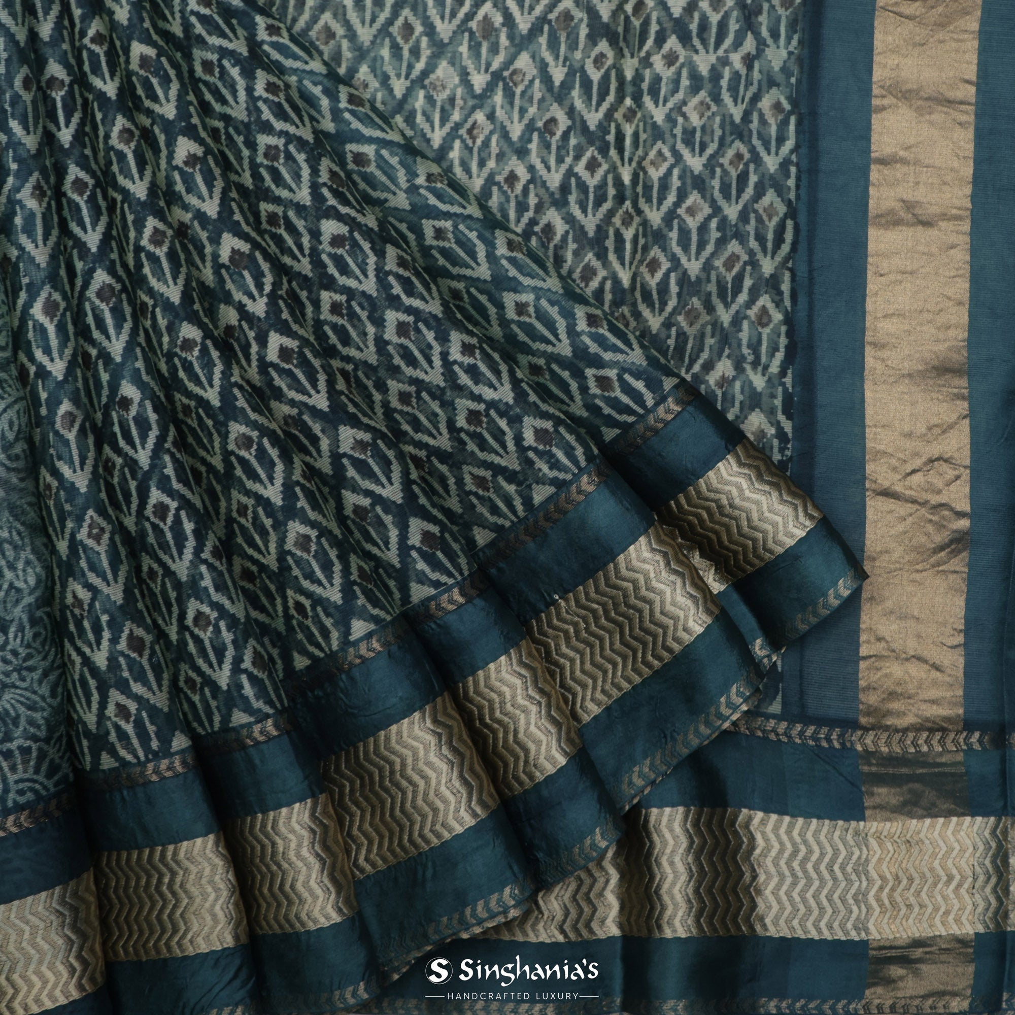 Teal Blue Printed Maheshwari Saree With Floral Motif Design