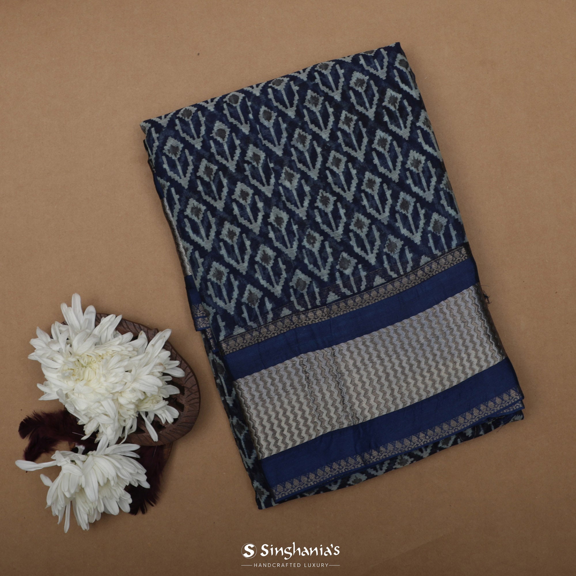 Navy Blue Printed Maheshwari Saree With Floral Motif Design