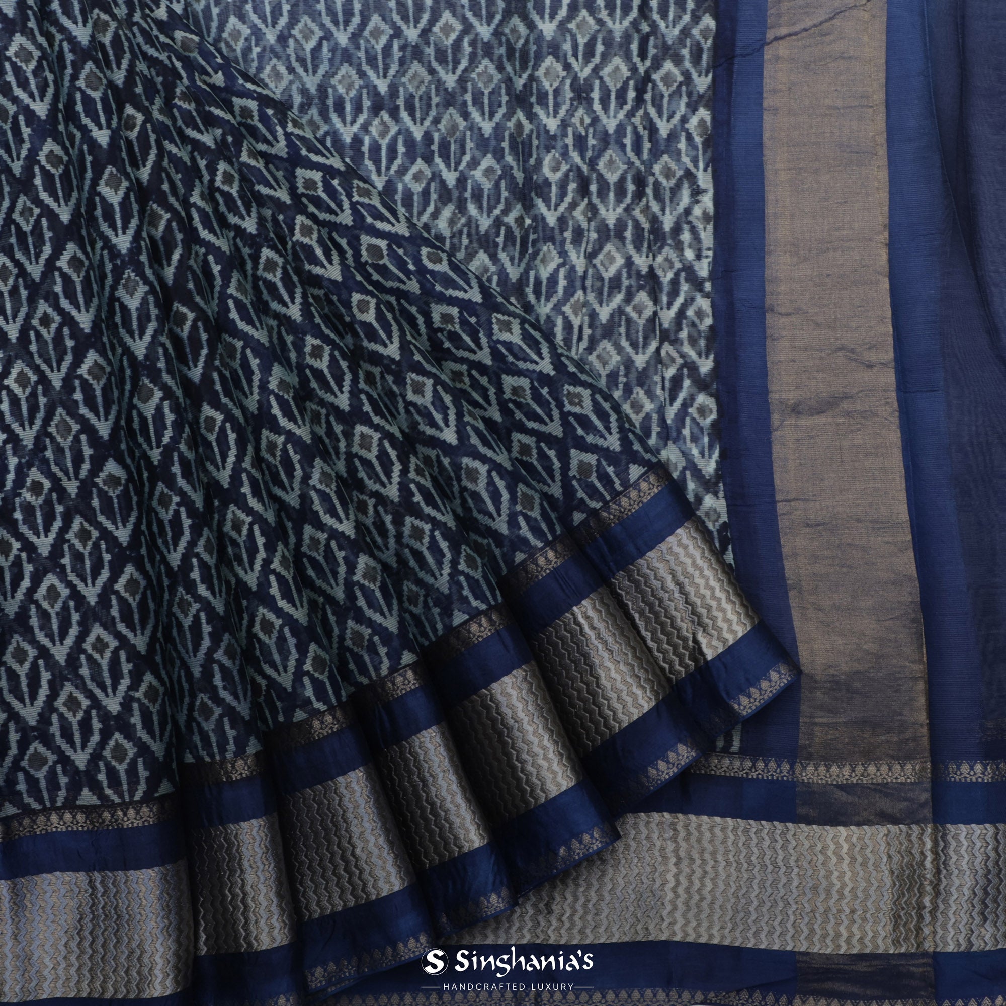 Navy Blue Printed Maheshwari Saree With Floral Motif Design