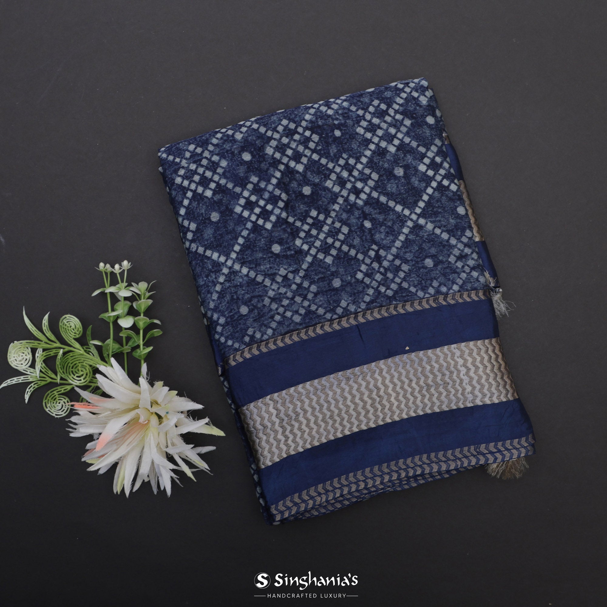 Deep Blue Printed Maheshwari Saree With Floral Jaal Design