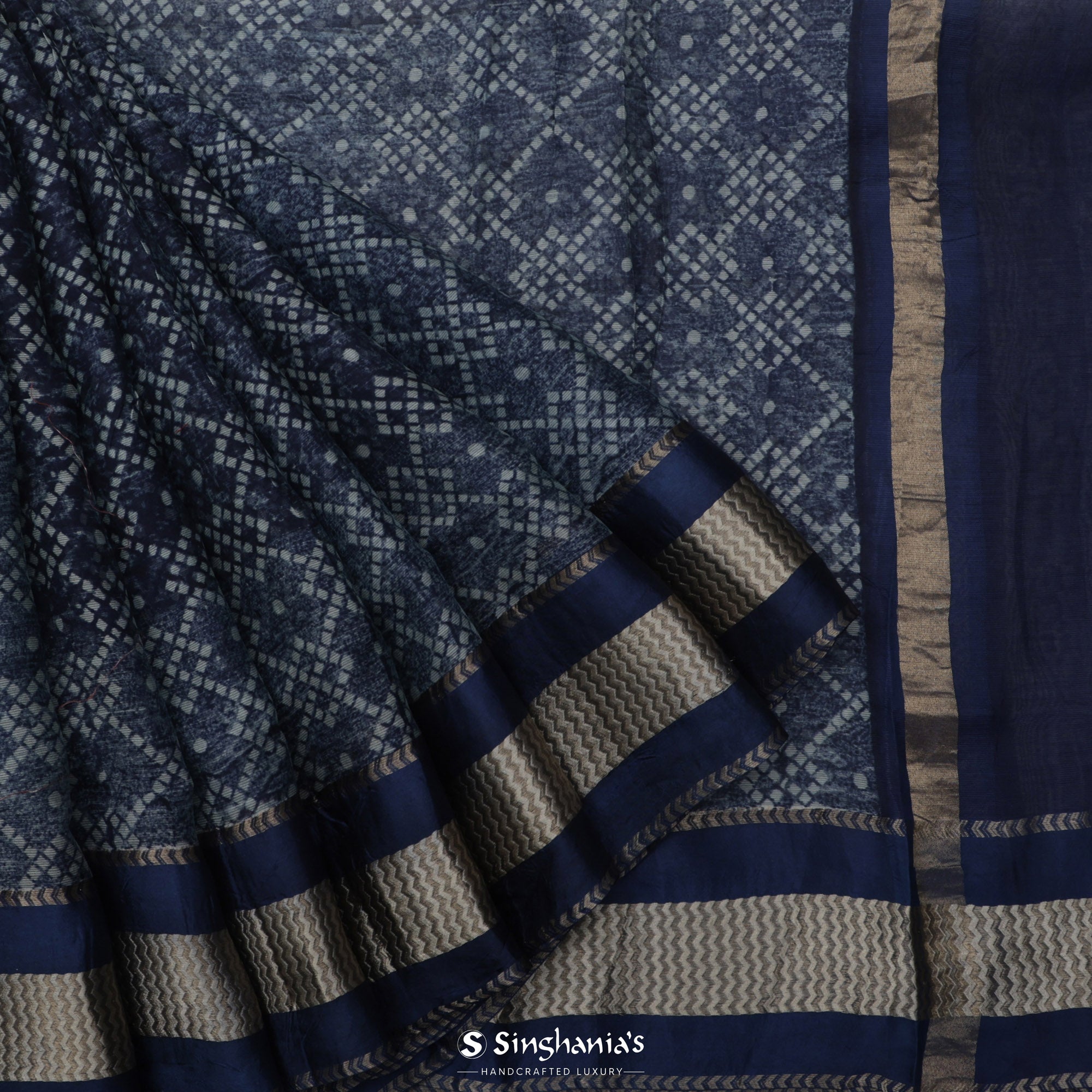 Deep Blue Printed Maheshwari Saree With Floral Jaal Design