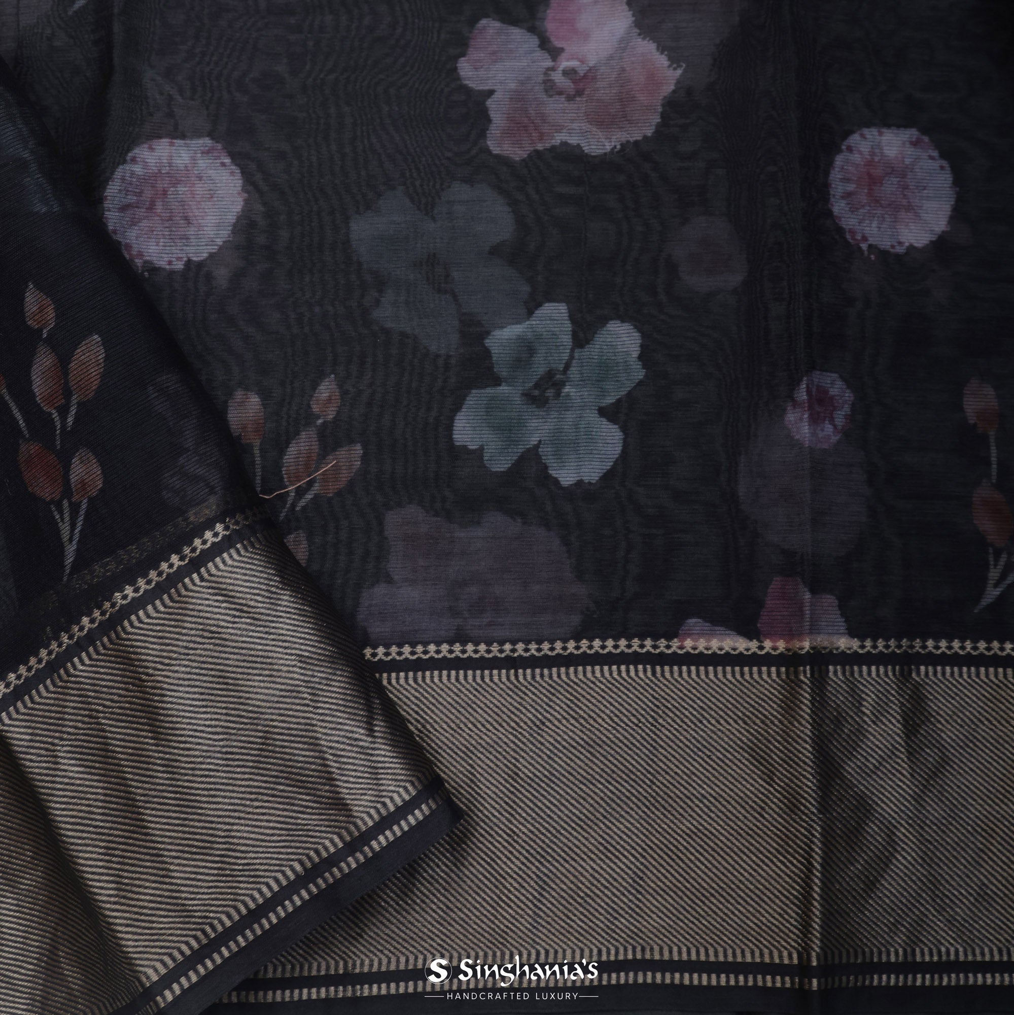 Dull Black Printed Maheshwari Saree With Floral Jaal Design