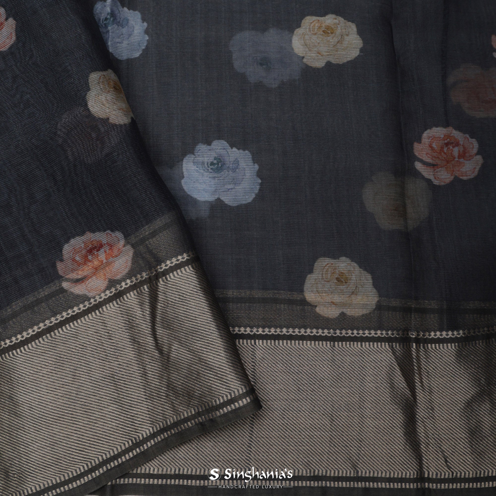 Charcoal Black Printed Maheshwari Saree With Floral Jaal Design