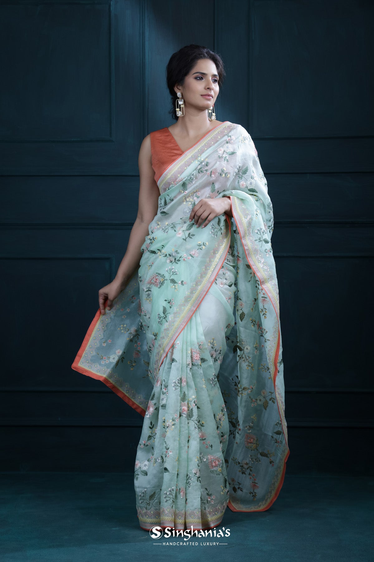 Light Turquoise Blue Organza Saree With Floral Embroidery