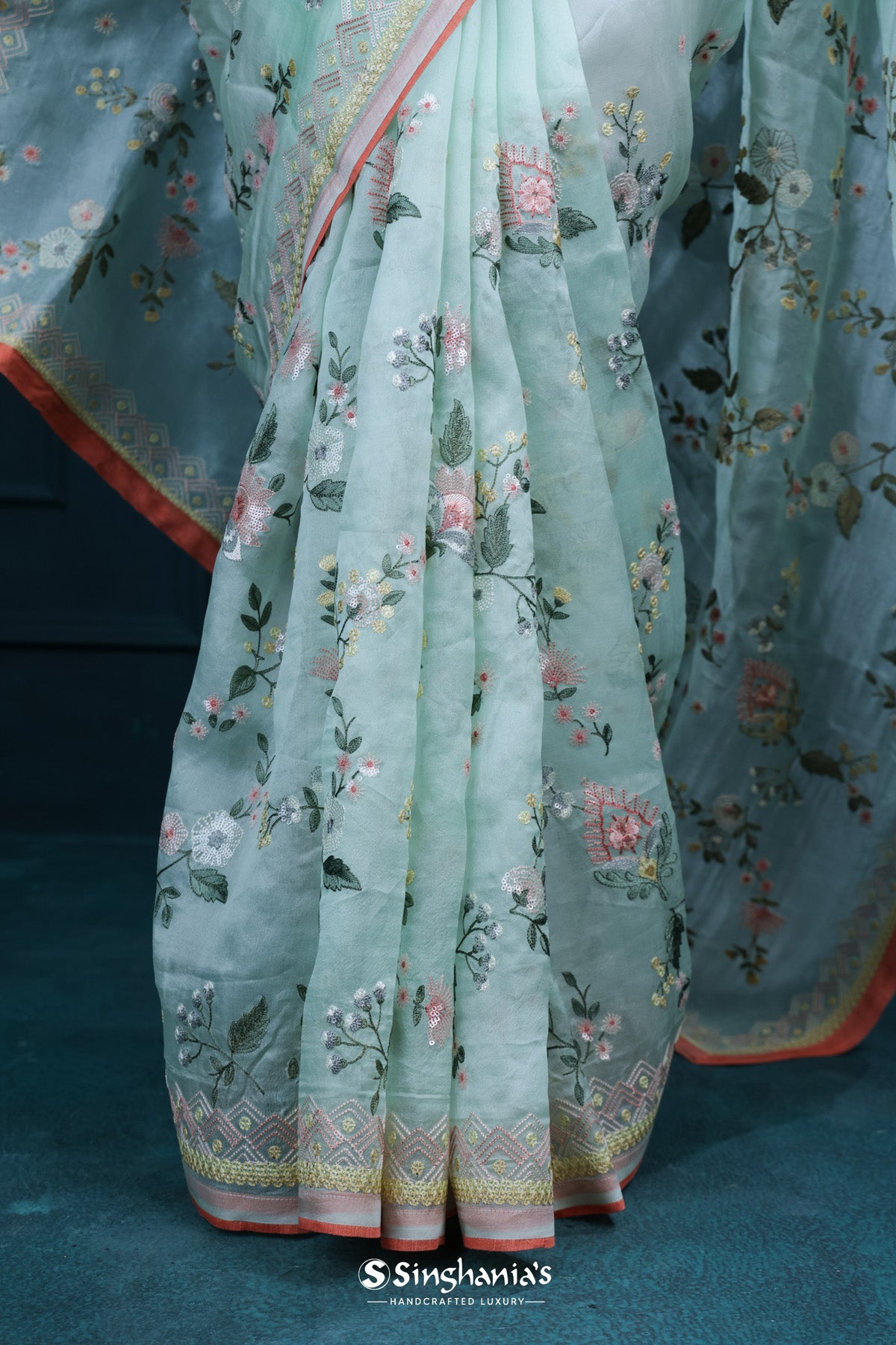 Light Turquoise Blue Organza Saree With Floral Embroidery