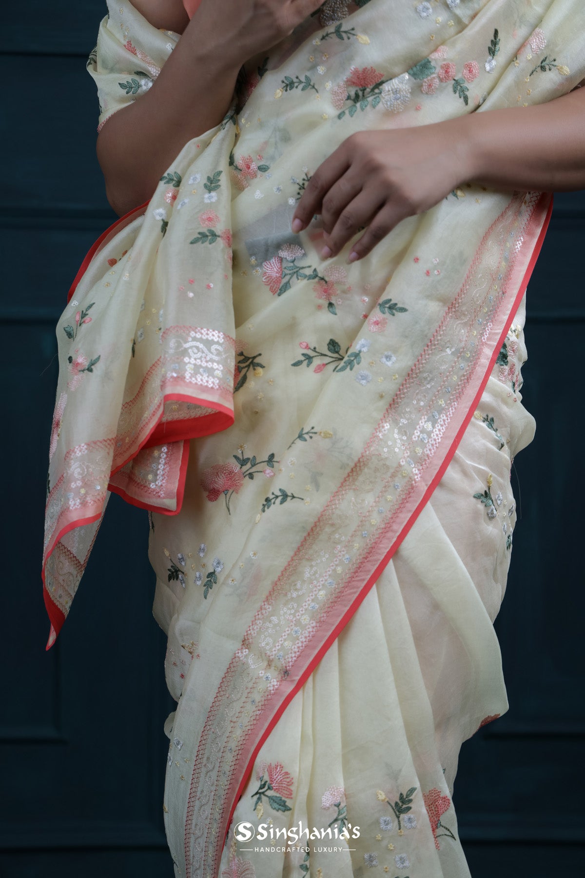 Light Yellow Organza Saree With Floral Embroidery