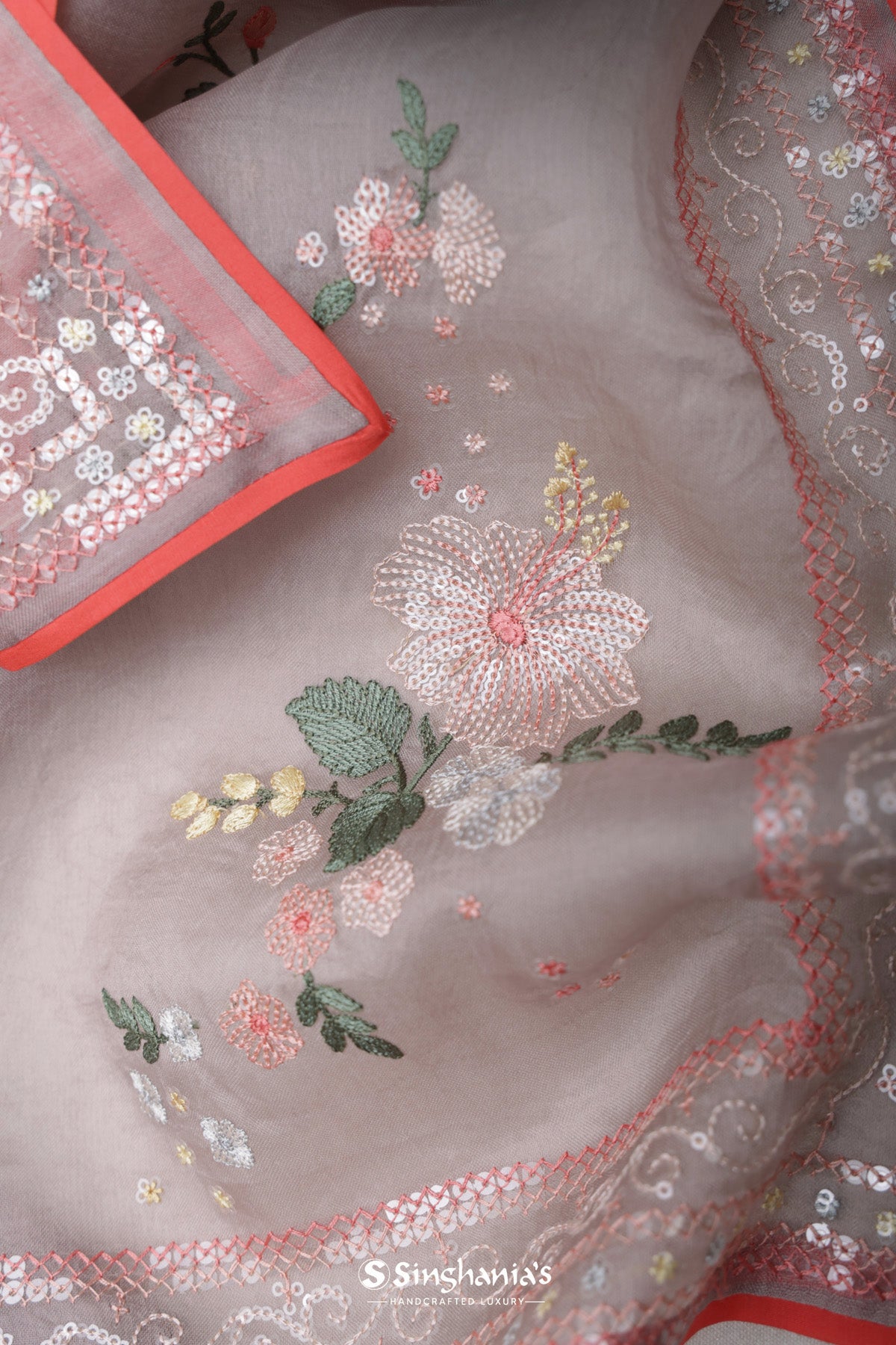 Carolina Plum Organza Saree With Floral Embroidery