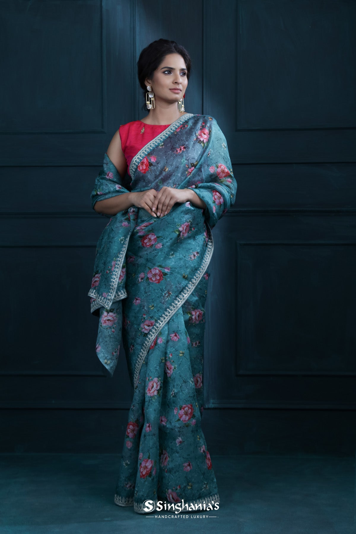 Blue Sapphire Printed Organza Saree With Embroidered Border