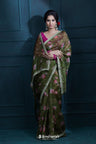 Mehendi Green Printed Organza Saree With Embroidered Border