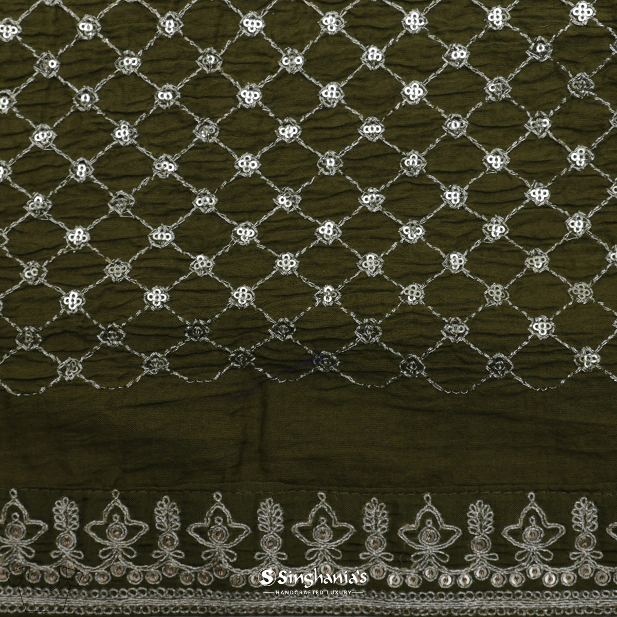 Mehendi Green Printed Organza Saree With Embroidered Border