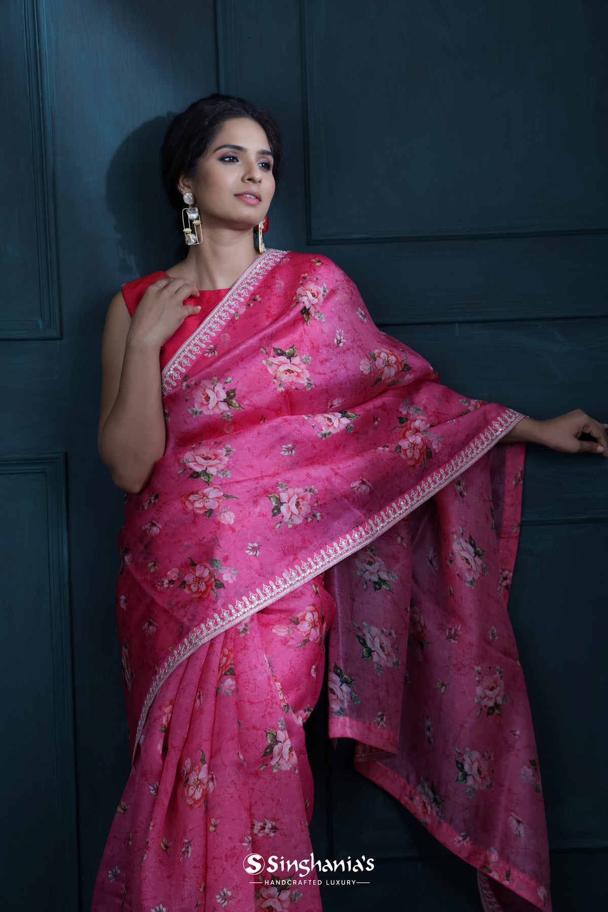 French Pink Printed Organza Saree With Embroidered Border