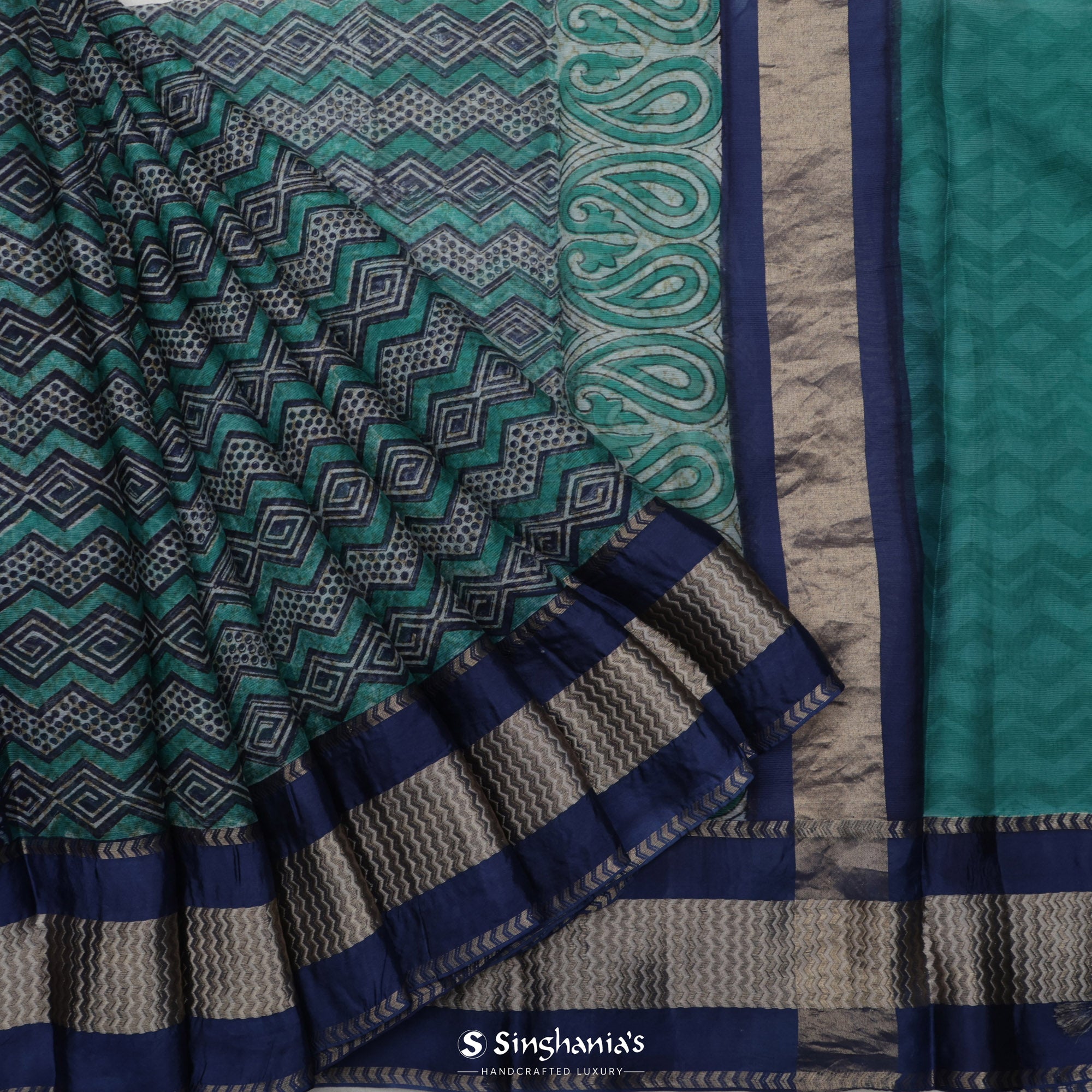 Pine Green & Blue Printed Maheshwari Saree With Geometrical Jaal Design