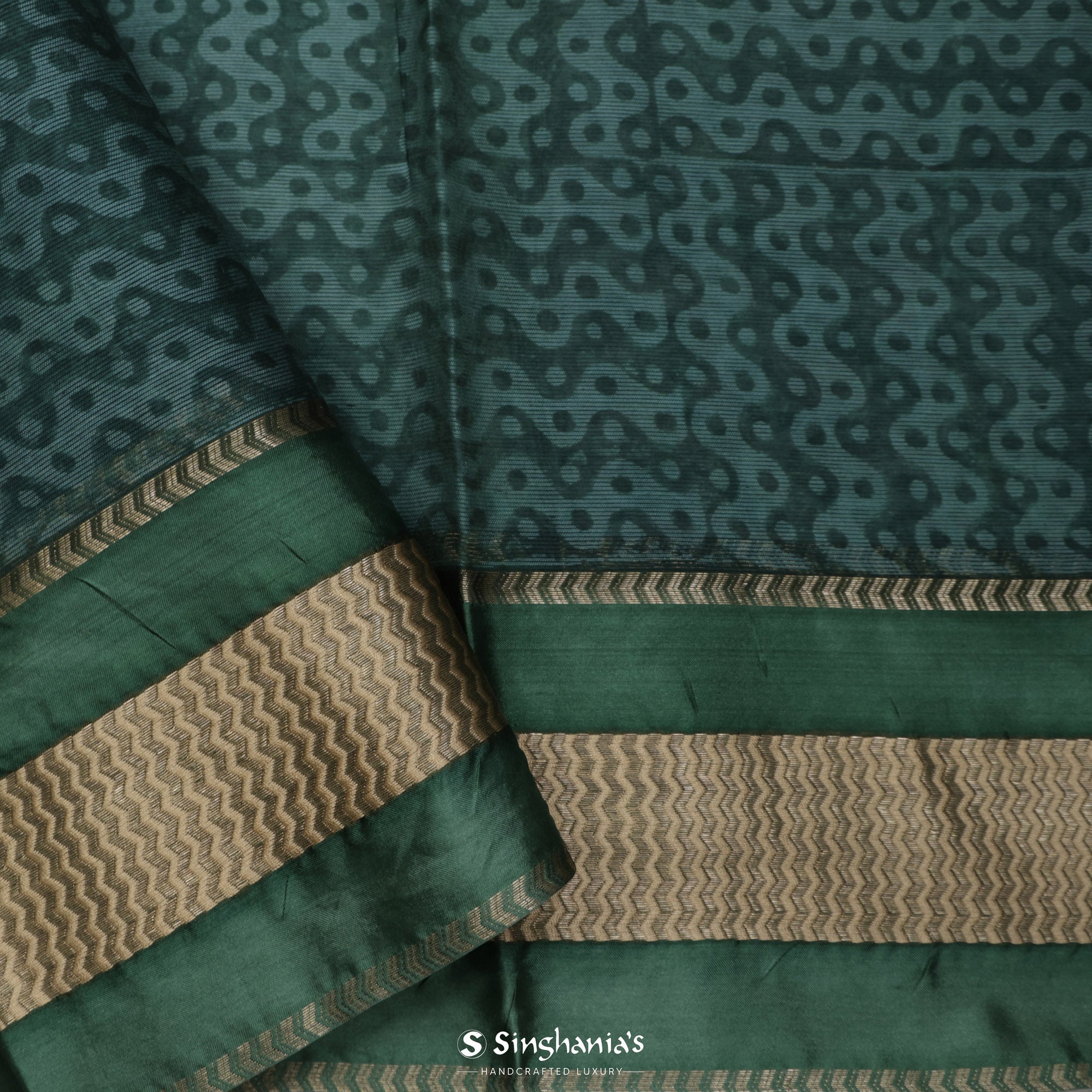 Earthy Blue-Green Printed Maheshwari Saree With Geometrical Jaal Design