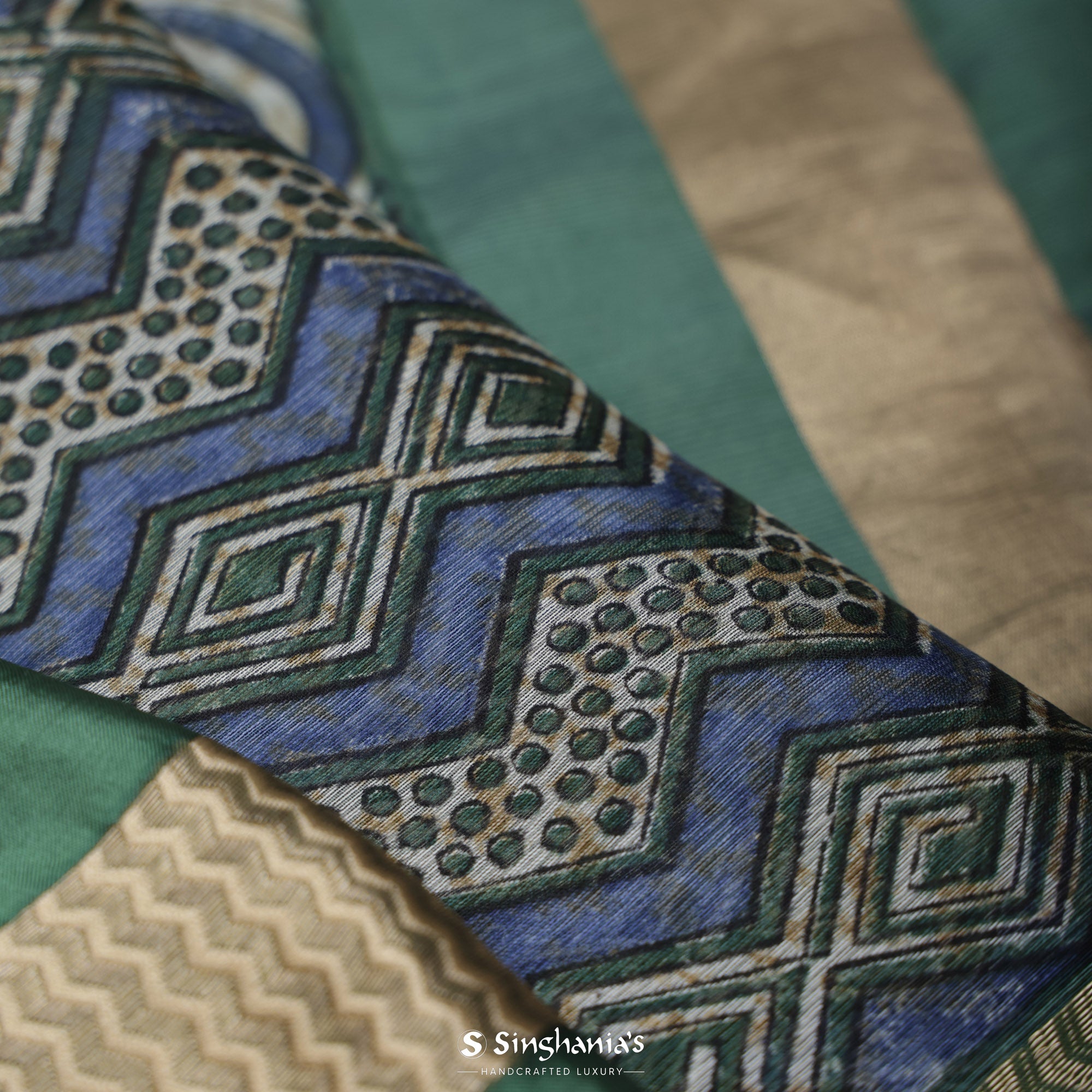 Earthy Blue-Green Printed Maheshwari Saree With Geometrical Jaal Design