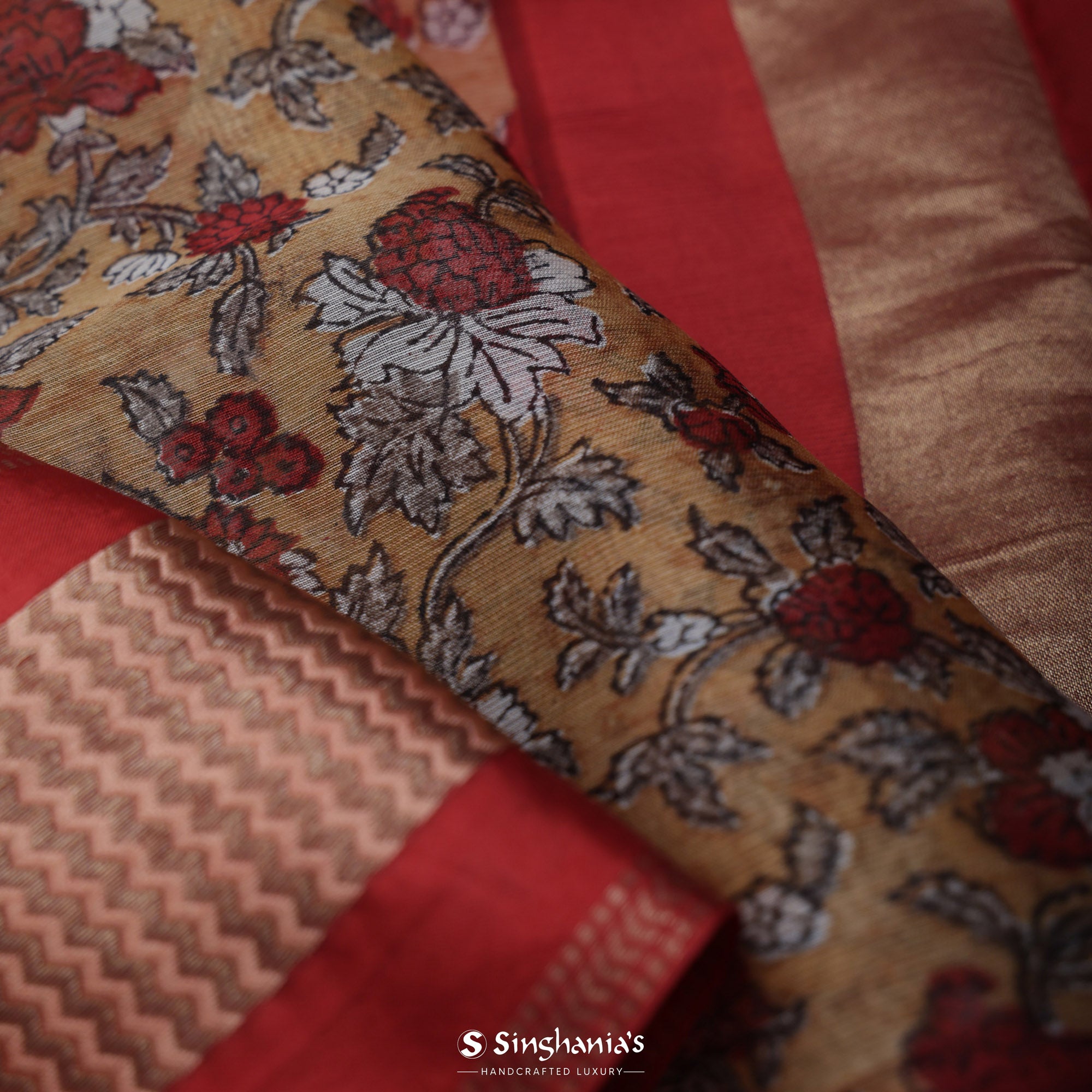 Tan Brown Printed Maheshwari Silk Saree With Floral Jaal Design