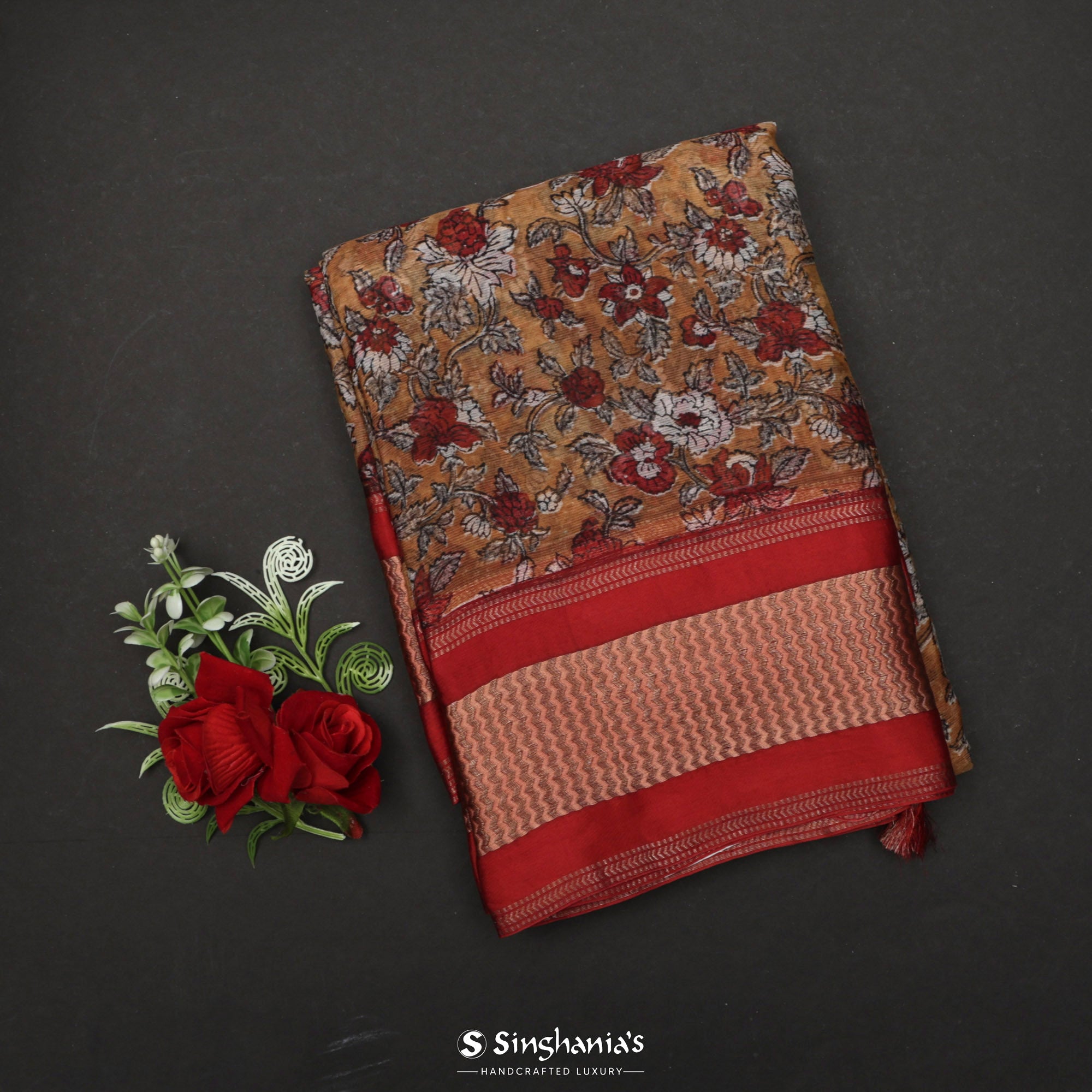 Tan Brown Printed Maheshwari Silk Saree With Floral Jaal Design