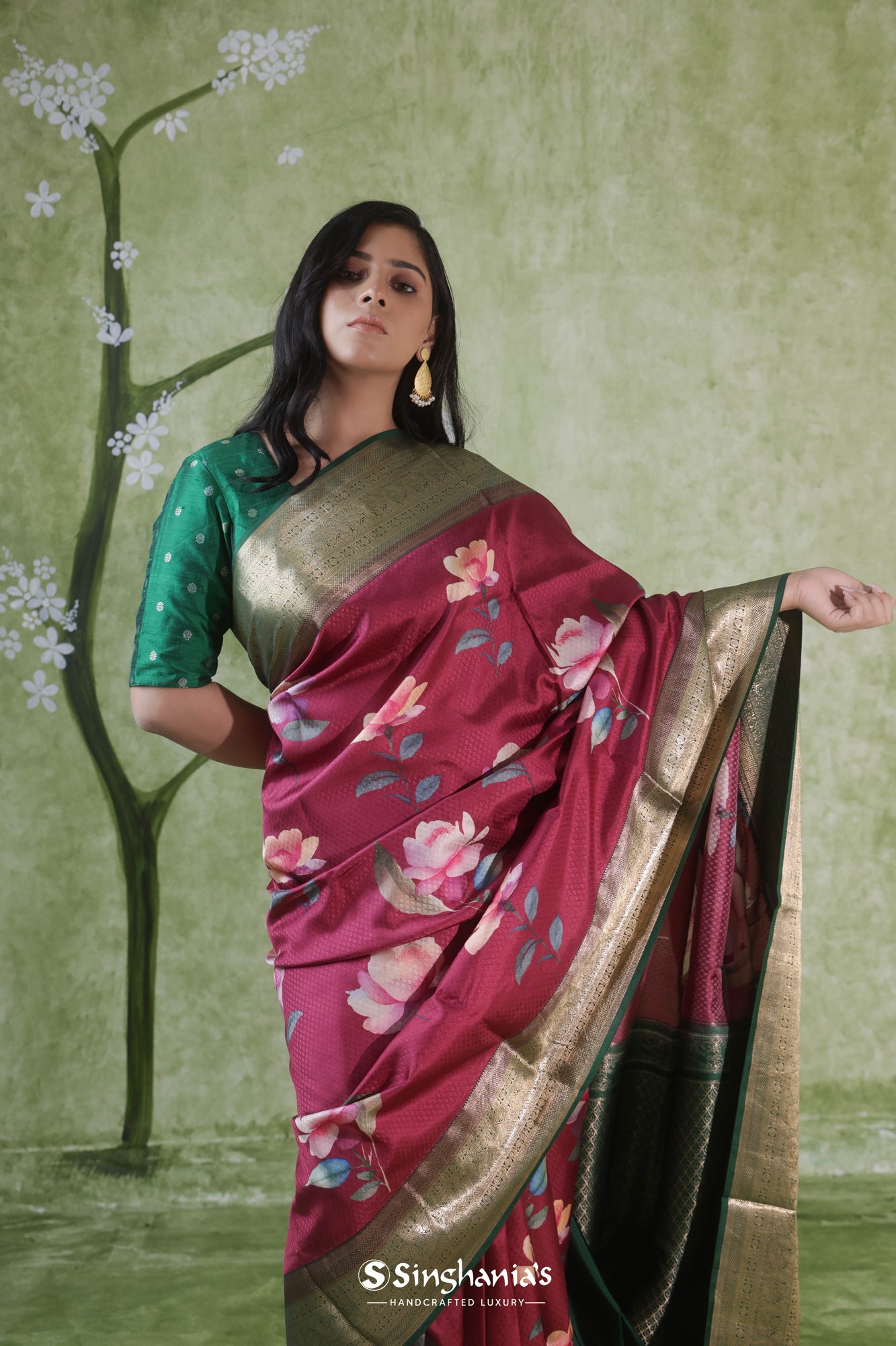 Bright Red Kanjivaram Silk Saree With Floral Buttis | Singhania's