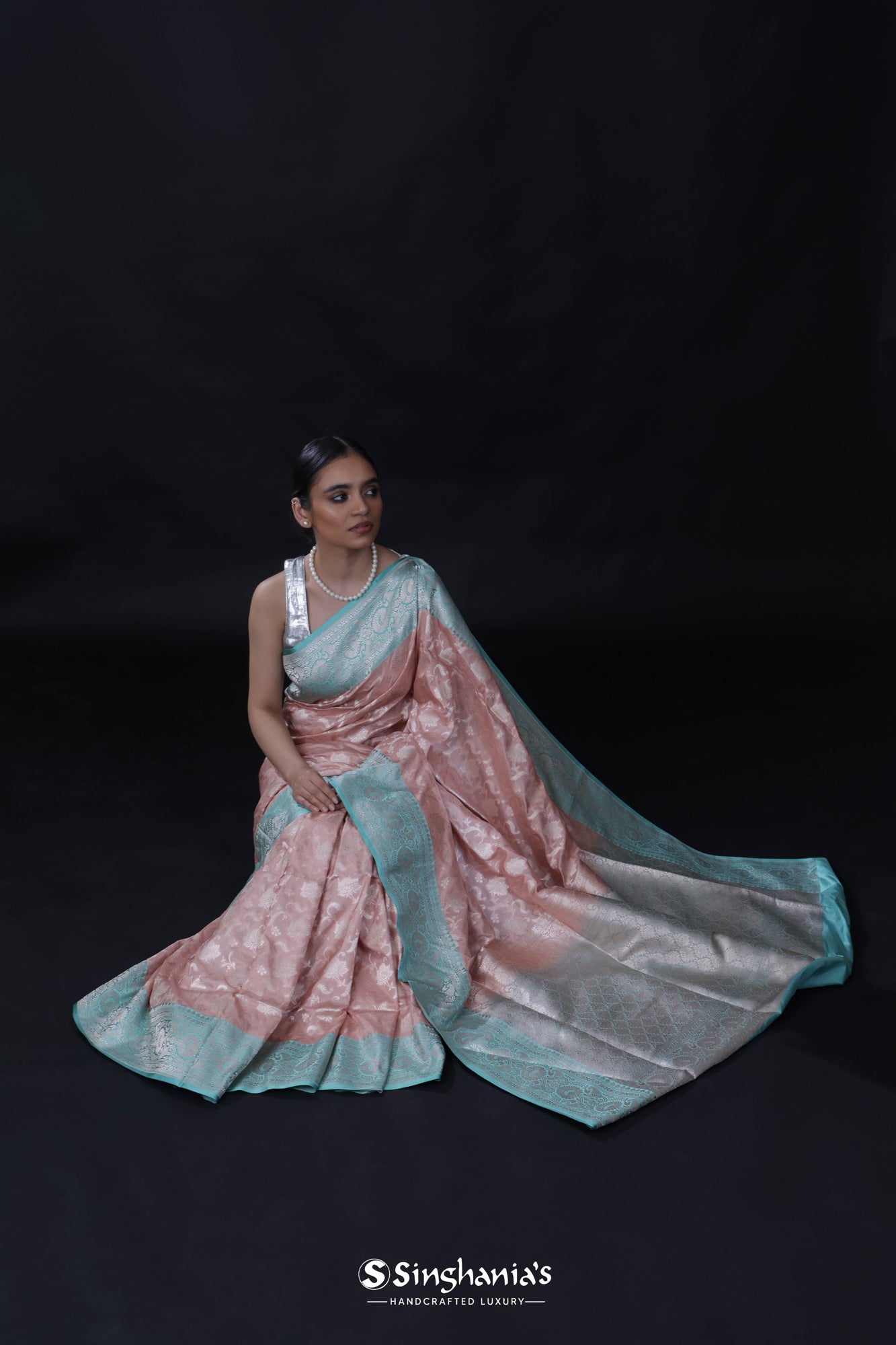 Baby Pink Banarasi Silk Saree With Floral Jaal Weaving