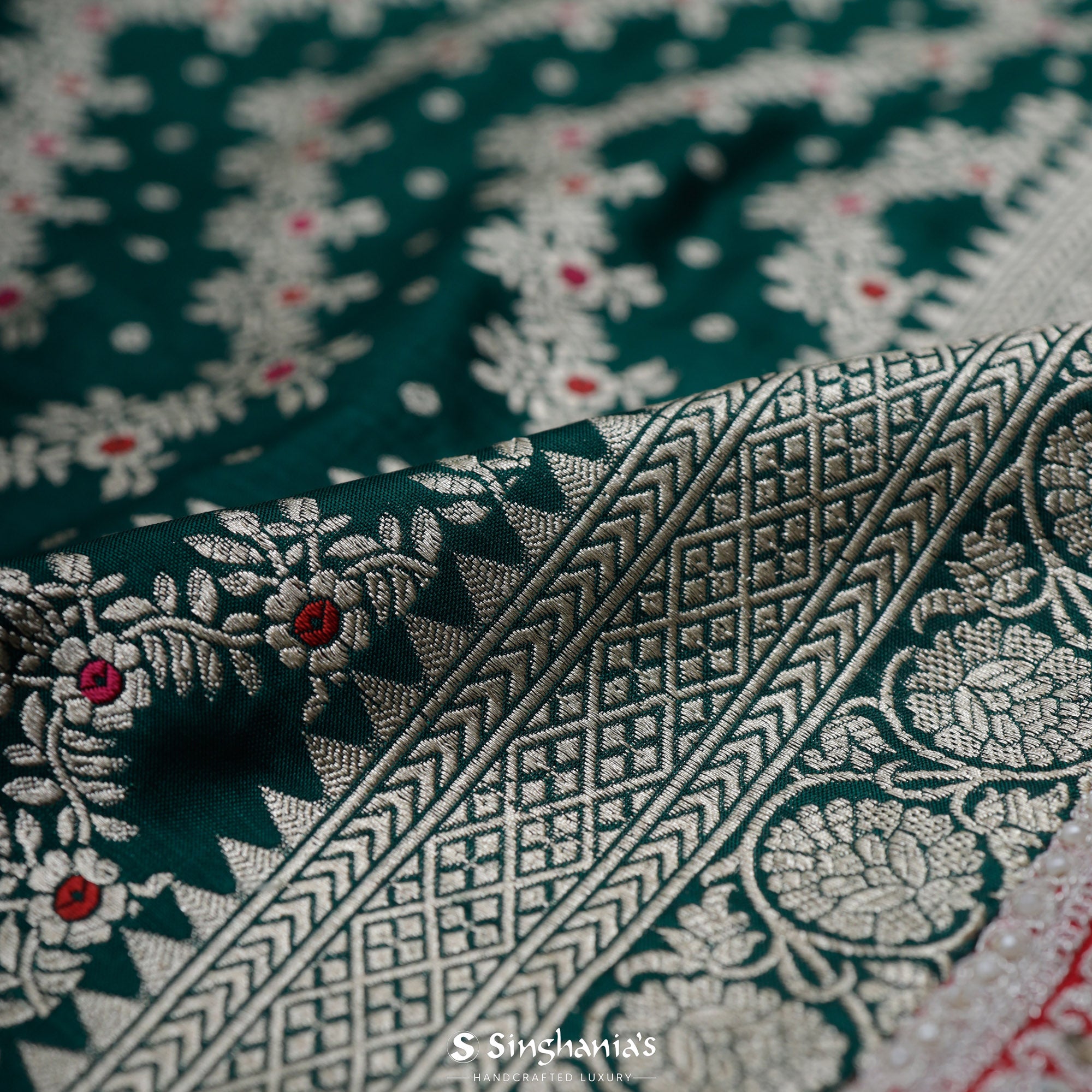 Dark Green Katan Banarasi Silk Saree With Embroidered Border