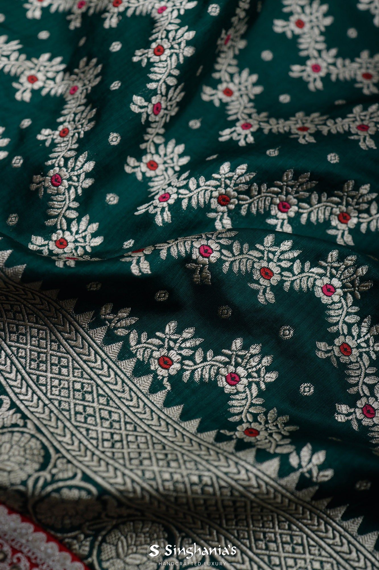 Dark Green Katan Banarasi Silk Saree With Embroidered Border