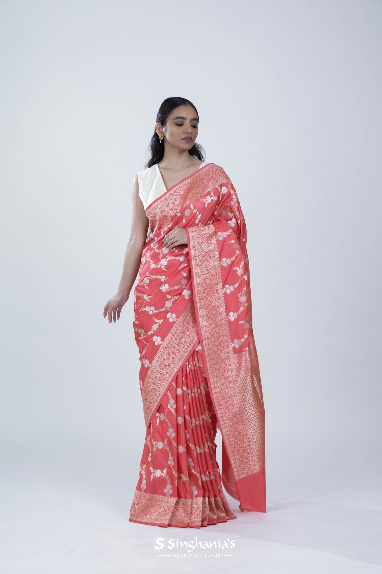 Candy Pink Banarasi Silk Saree With Floral Jaal Weaving