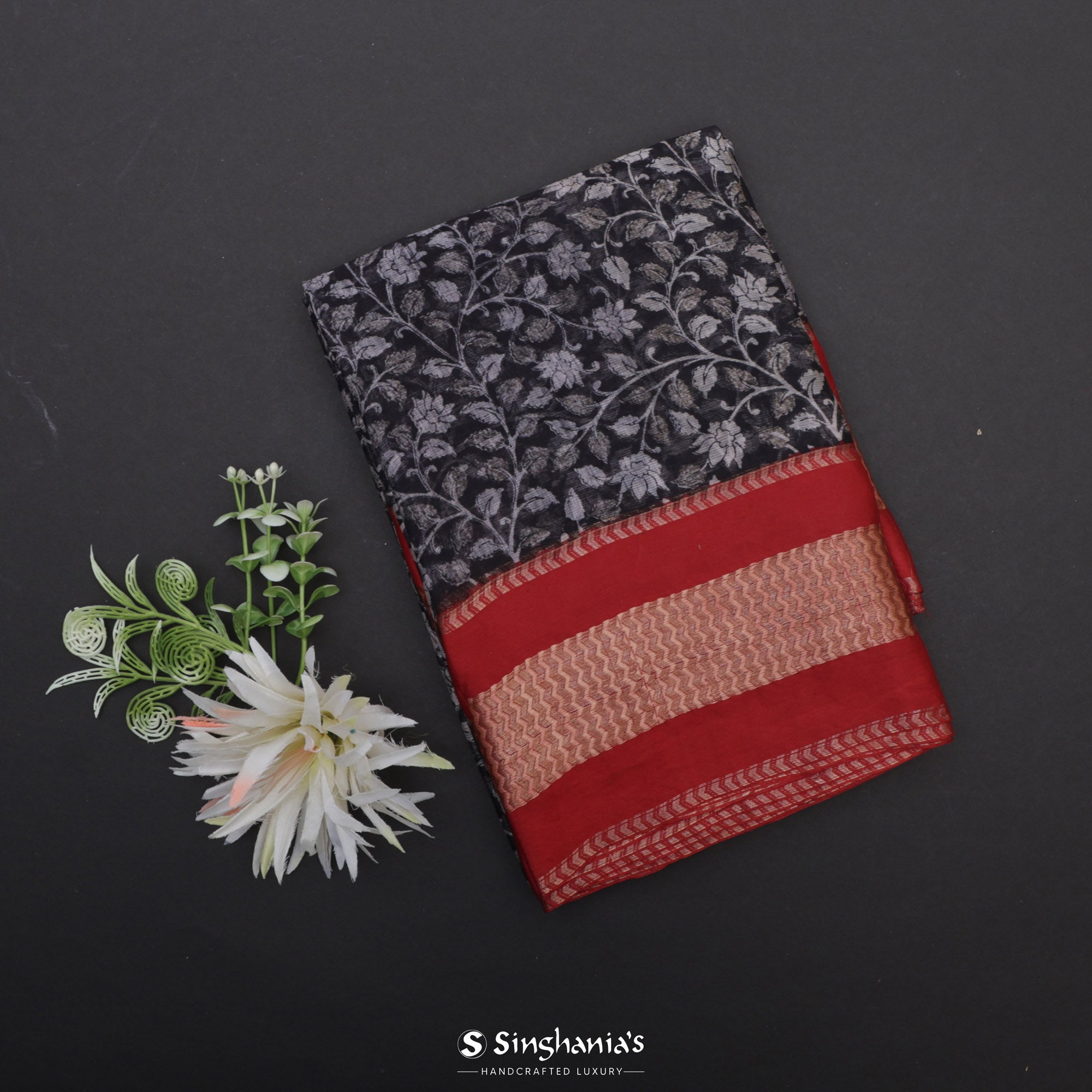 Midnight Black Printed Maheshwari Saree With Floral Jaal Design