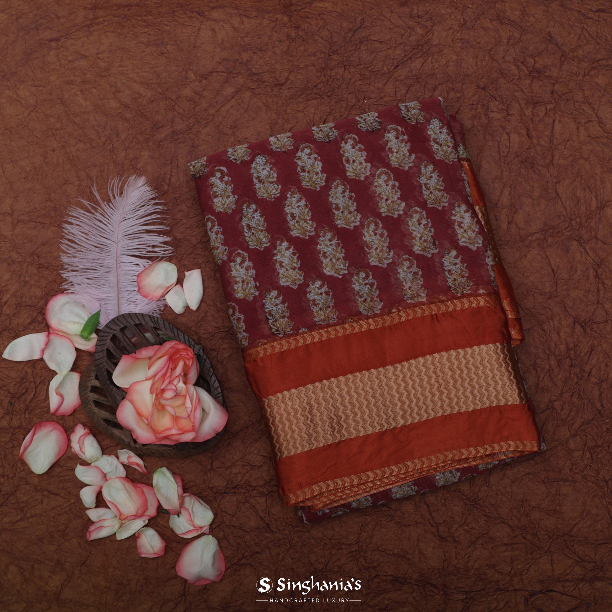 Merlot Red Printed Maheshwari Silk Saree With Floral Motif Design