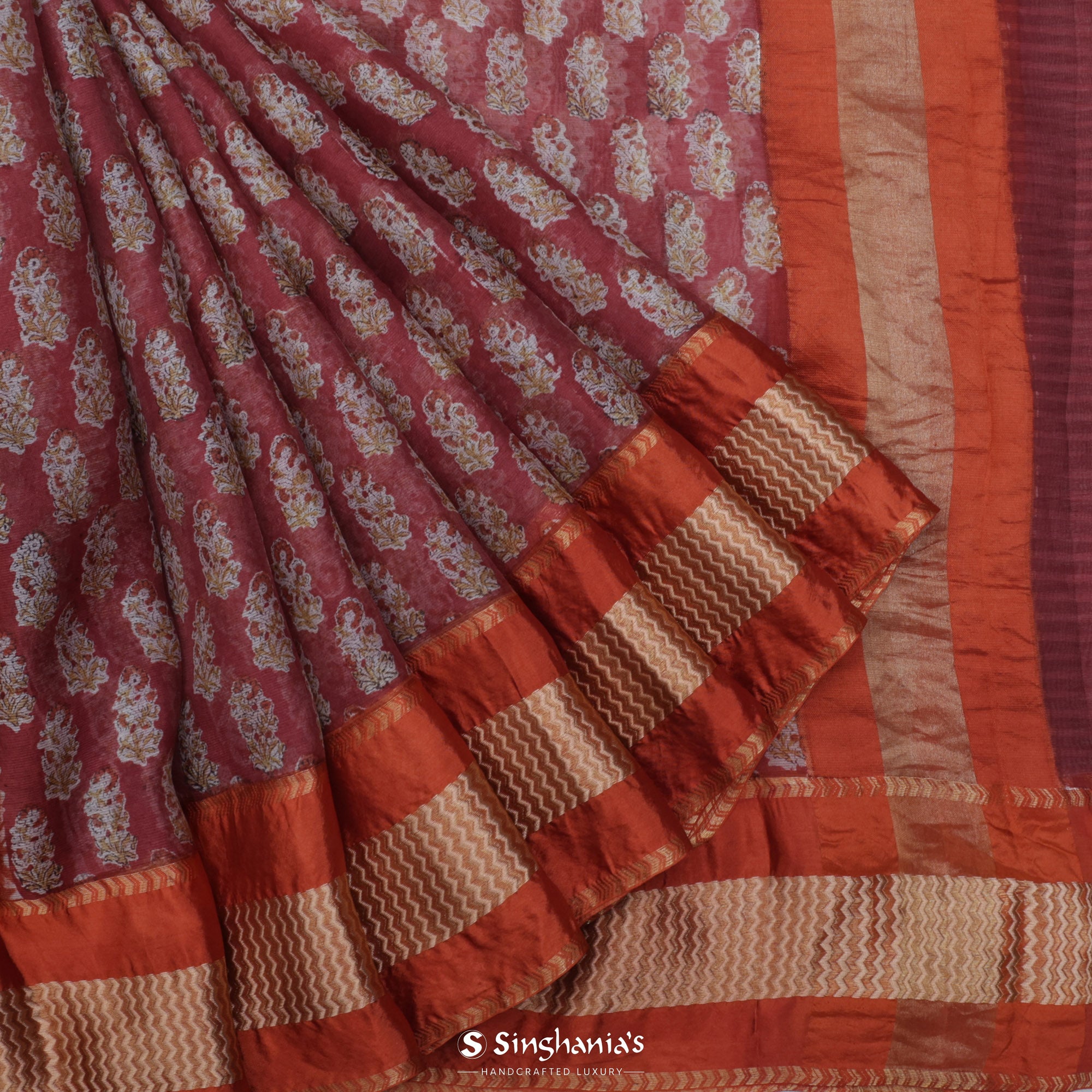 Merlot Red Printed Maheshwari Silk Saree With Floral Motif Design