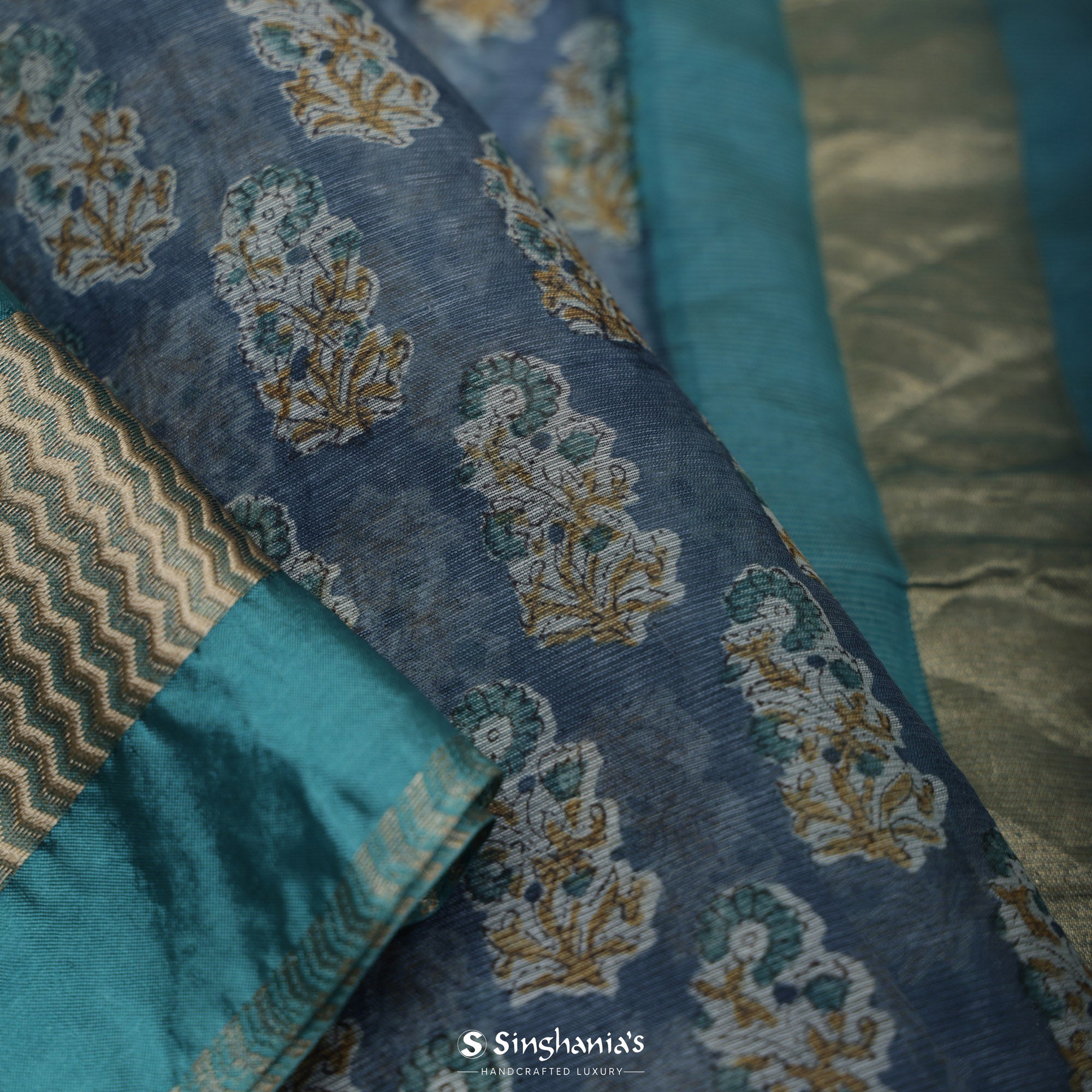 Queen Blue Printed Maheshwari Saree With Floral Jaal Design