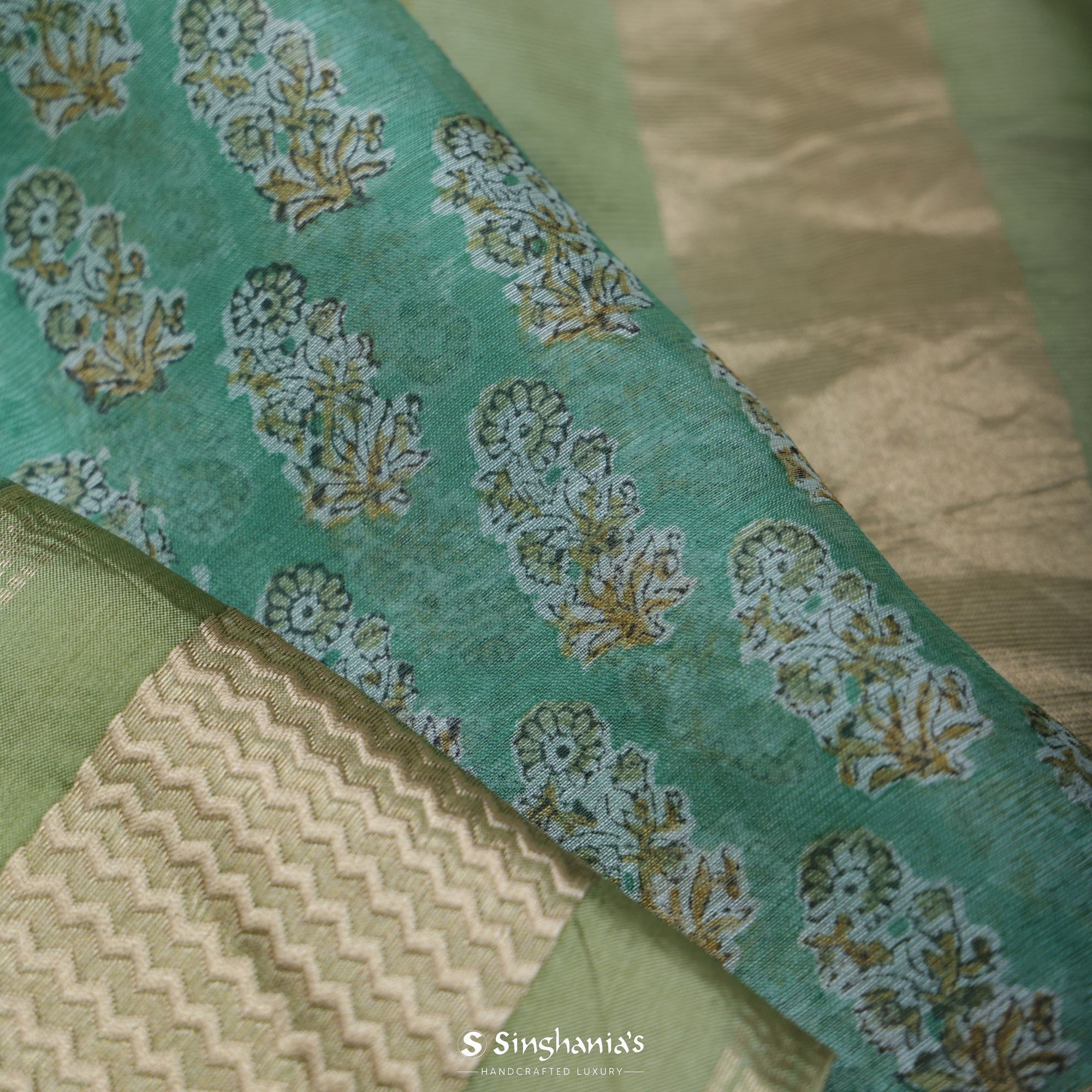 Tiffany Blue Printed Maheshwari Silk Saree With Floral Motif Pattern