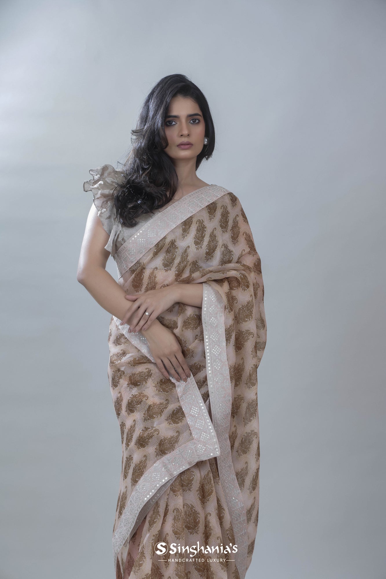 Misty Rose Pink Printed Organza Saree With Floral Paisley Design