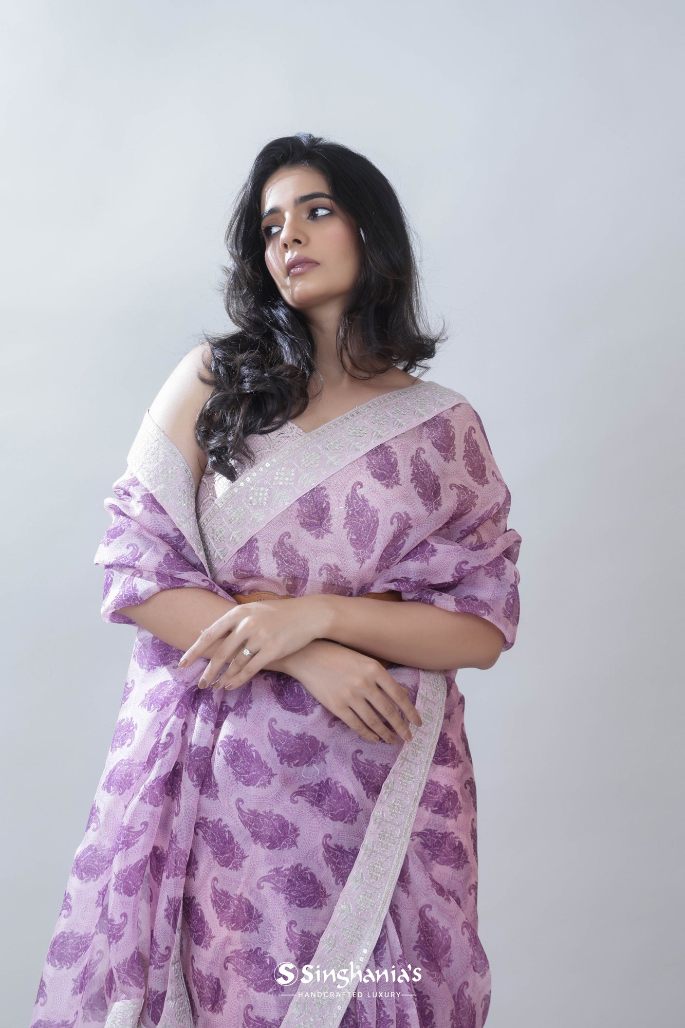 Faded Violet Printed Organza Saree With Floral Paisley Design