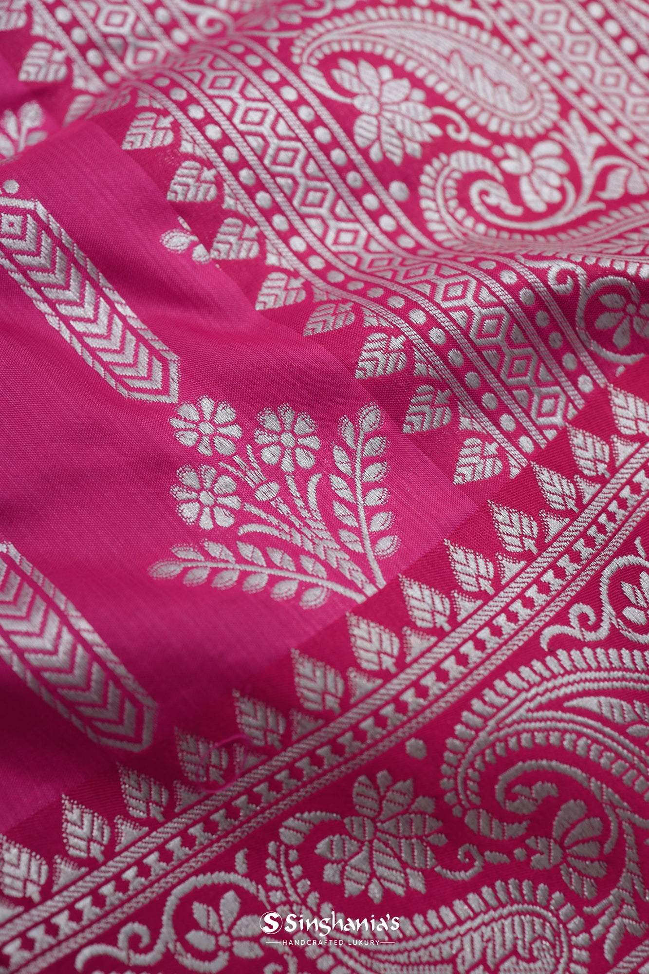 Steel Pink Banarasi Silk Saree With Floral Stripes Weaving