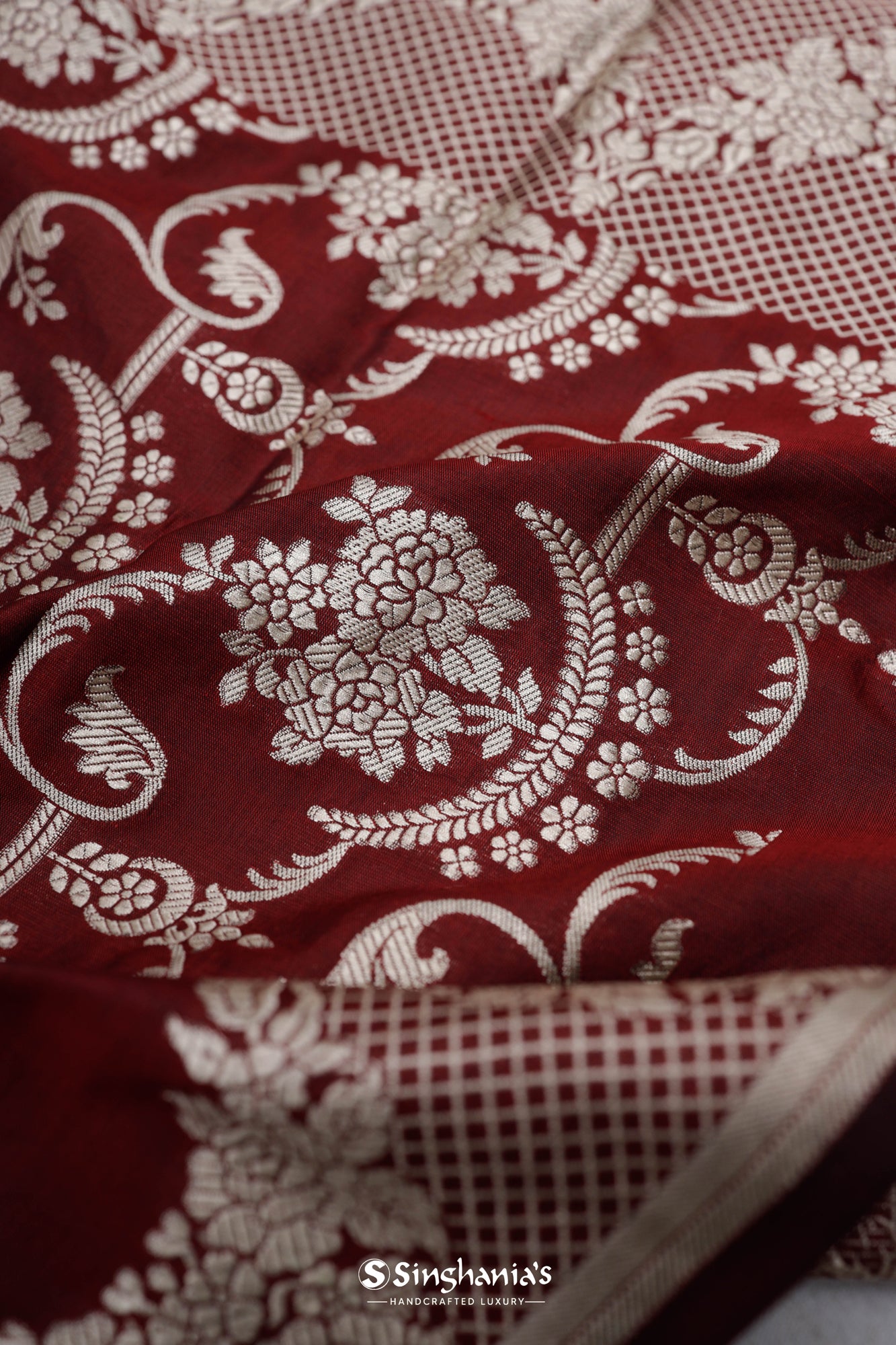 Classic Maroon Banarasi Silk Saree With Floral Jaal Weaving