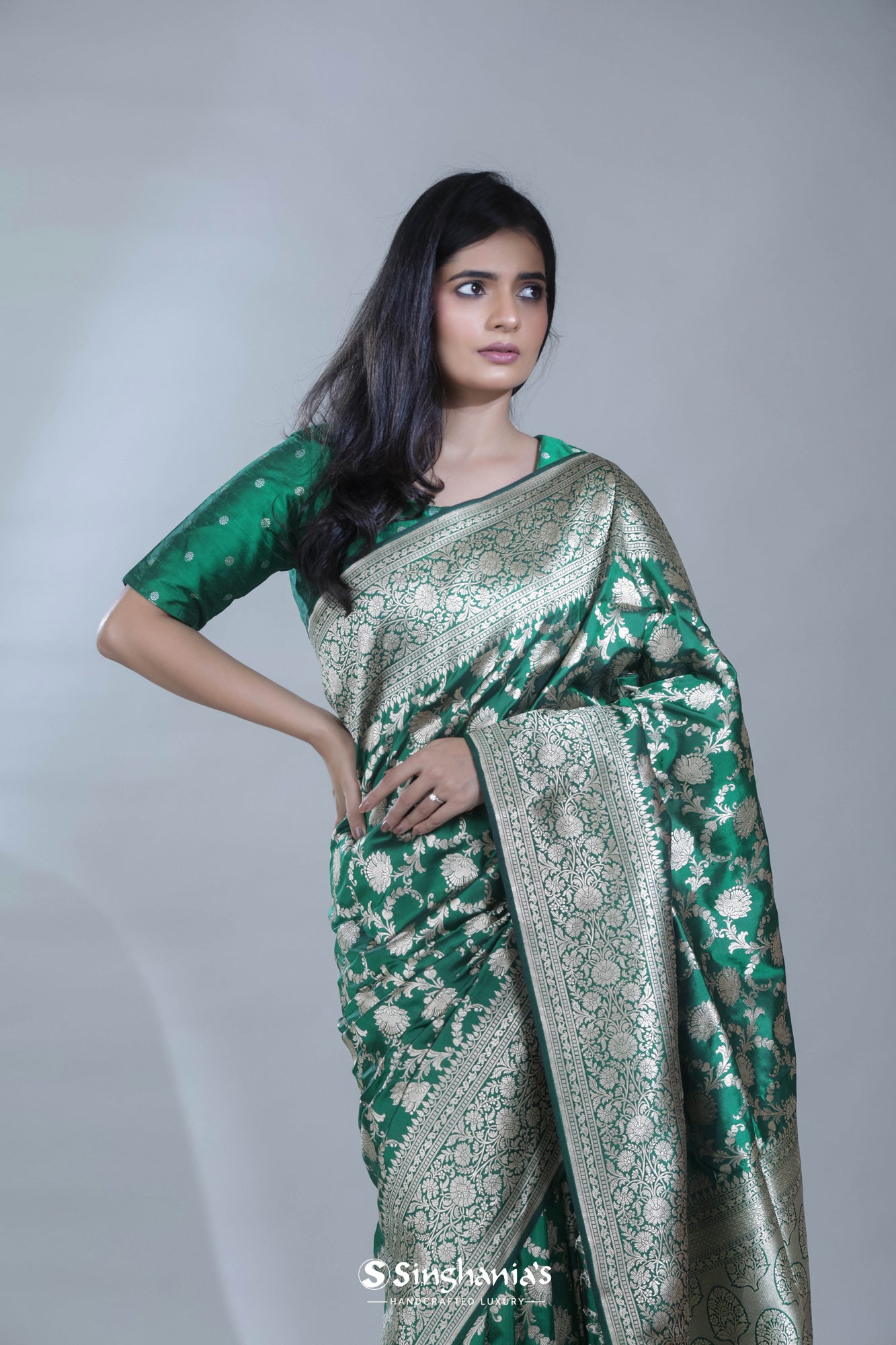 Bottle Green Banarasi Silk Saree With Floral Jaal Weaving