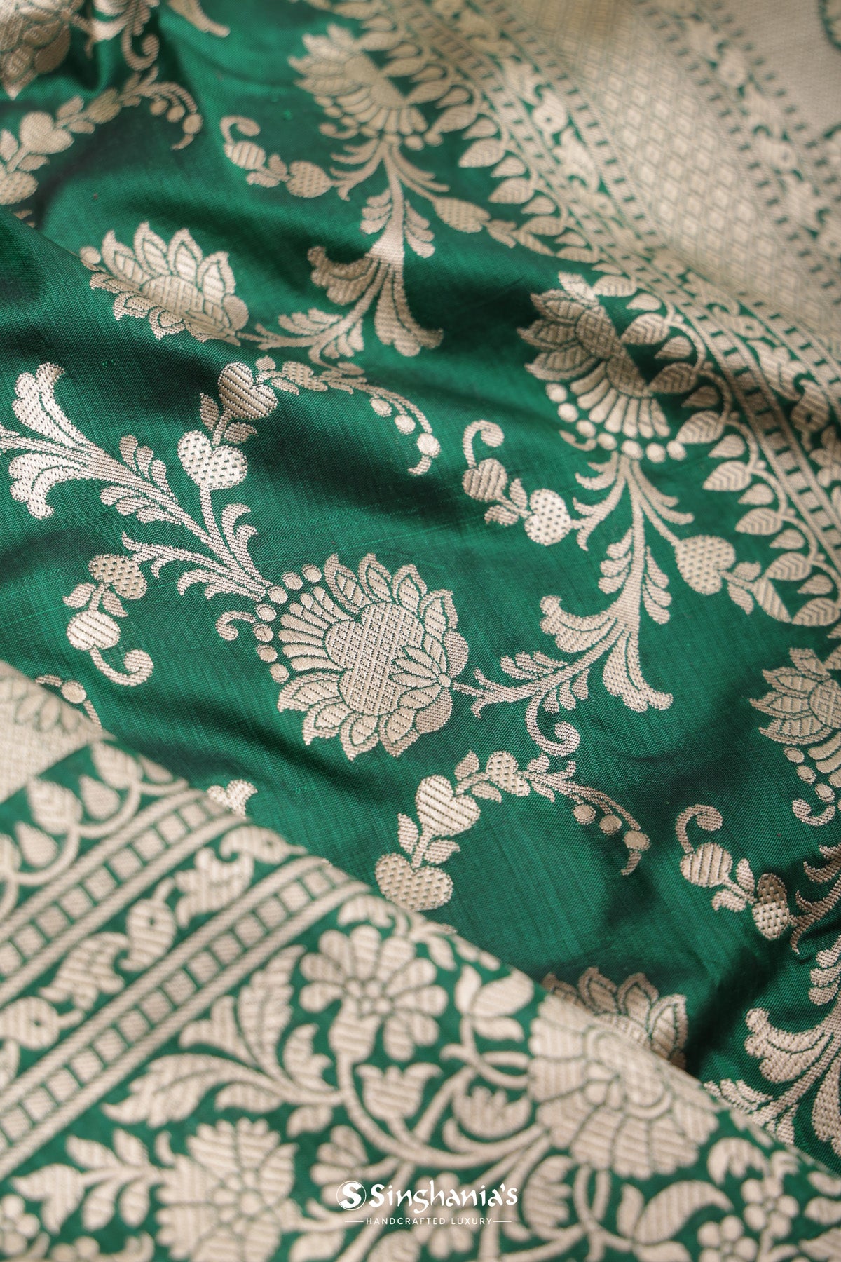 Castleton Green Banarasi Silk Saree With Floral Jaal Weaving