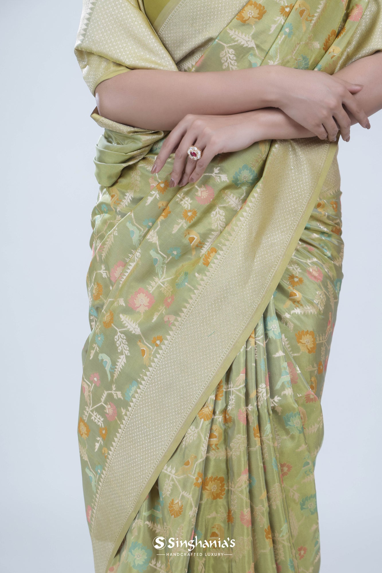 Sage Green Banarasi Silk Saree With Floral Weaving