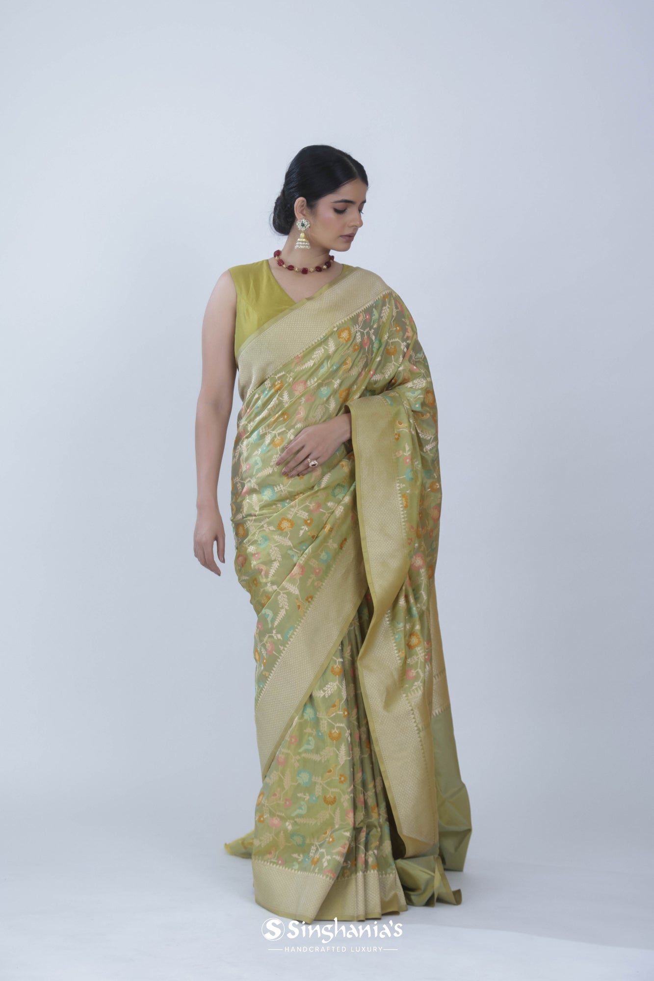 Sage Green Banarasi Silk Saree With Floral Weaving